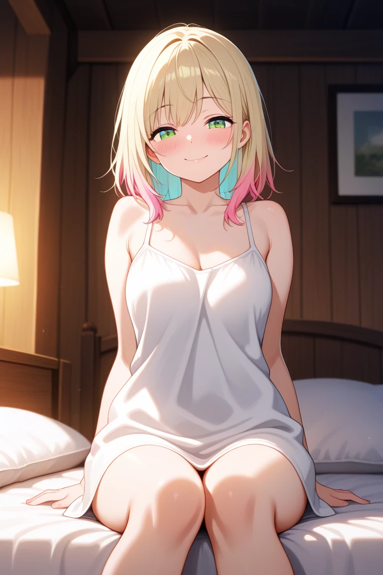 The composition features a young woman seated on a bed, exhibiting a playful and coy demeanor. The setting captures a cozy bedroom environment with warm wooden textures, complemented by soft, diffused lighting that creates an intimate atmosphere. Attention to detail is evident in the clothing scattered around, hinting at casual comfort. The character's expression is inviting, with blushing cheeks and an engaging smile, which enhances the overall mood of innocence juxtaposed with sensuality. The artist employs a vibrant color palette, with soft highlights accentuating the curves of her body, creating a sense of warmth and allure. This scene should evoke feelings of charm and intimacy, while maintaining an artistic style that emphasizes the smoothness of the skin and the play of light and shadow across the body. The focus is on the character's emotional expression, drawing the viewer into her world while balancing light and shadows for a three-dimensional feel.