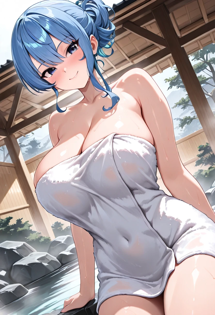 ((masterpiece)), Miwa Kasumi, (best quality)), (ultra detailed:1.7),, (thick thighs:1.5), beautiful body, beautiful nose, beautiful character design , perfect eyes, perfect face, wallpaper, ultra high resolution, 4K, (beautiful), (giant breasts:1.5), (blue pubic hair:1.4), (beautiful face:1.2), (beautiful legs), (perfect legs), ((wet skin)), sexy pose, (1 girl), alone, (long blue hair:1.2),inside a bathroom, blue eyes, calm down, asymmetrical bangs, looking at viewer,(swollen nipples:1.4), shirt, nipples, (huge breasts:1.4), bedroom, wide hips,(realistic skin:1,6),(wet skin:1.6),(getting out of the shower:1.6),(drying the body with a towel:1.4),