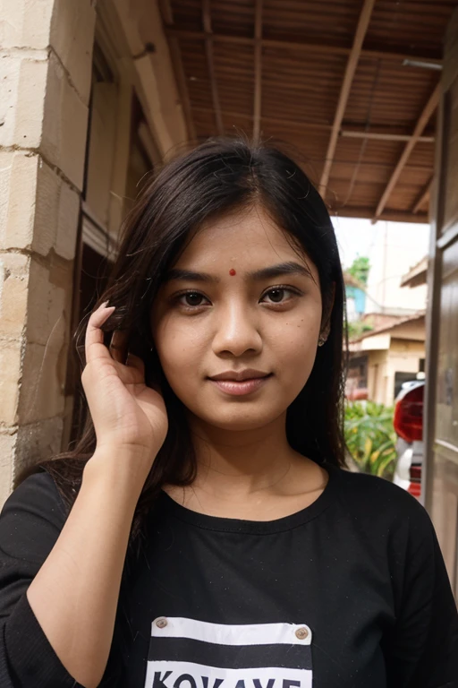 instagram photo of a Bangladeshi (young adult woman), full body , Body Shape Apple, Prominent Eyes, Long Face, Fringe Cut, A Nose with an Adorable Button Shape, Side Profile, Smirking, in Mudroom