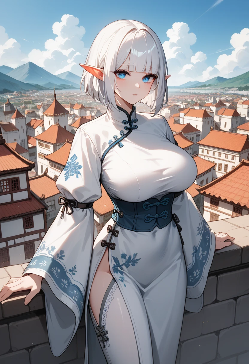 (Masterpiece, High Quality, Top quality, High-Detailed, Detailed CG, Cinematic Shadow, Cinematic Scene, Beautiful Detailed Eyes, Ultra Resolution, Depth of Field), Looking At The Audience, Looking At Below, (Blush Expression:1.2), (Smile Expression:1.2), (Erotic Expression:1.0), Blue Eye, Silver Hair, White Hair, Short Hair, Five Fingers, Good Composition, Curvy, (Kimono:1.0), (Yukata:1.0), (Short-Skirt Kimono:1.2), (Short-Skirt Yukata:1.0), (Cameltoe), Thicc Thighs, Thick, Large Breasts, Huge Breast, Wet, Dark Background, Blur Background, Castle Background, European Building Background