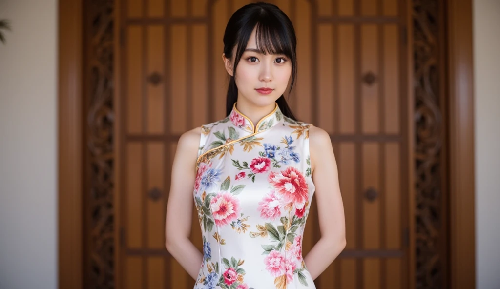 A beautiful girl who exudes a pure and neat atmosphere stands on a plain white background. She wears a yukata and has beautiful hydrangea patterns painted all over her body. She has short cuts and black hair and stands gracefully. Live-action smile