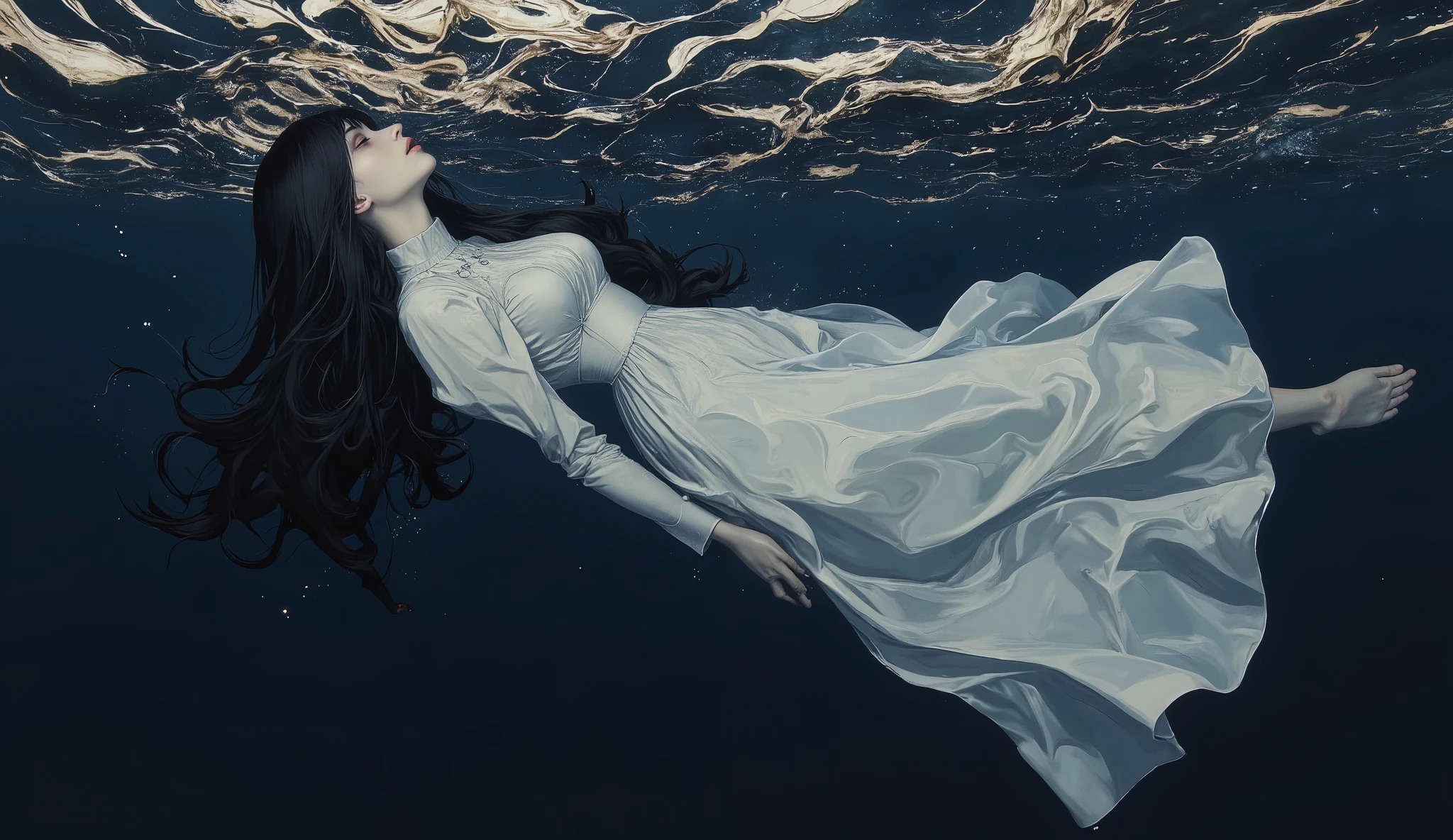 Portrait of Cynthia,(masterpiece),(Top quality),(Super detailed),(ultra high resolution),(Top Illustrations, realism), 8k , in full height, Beautiful girl under water, with long black hair, at the bottom , white long dress, gloomy, Cold, sad, The color palette is blue, painting evokes the grace of water. side view