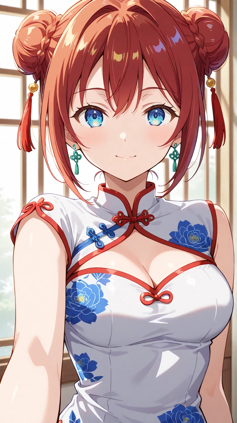 RanmaChan, standing, solo, large_breasts, single_braid, RanmaJungleDress, masterpiece, best quality, detailed face, detailed eyes, highres,,blush,nipples,(upper body),happy
