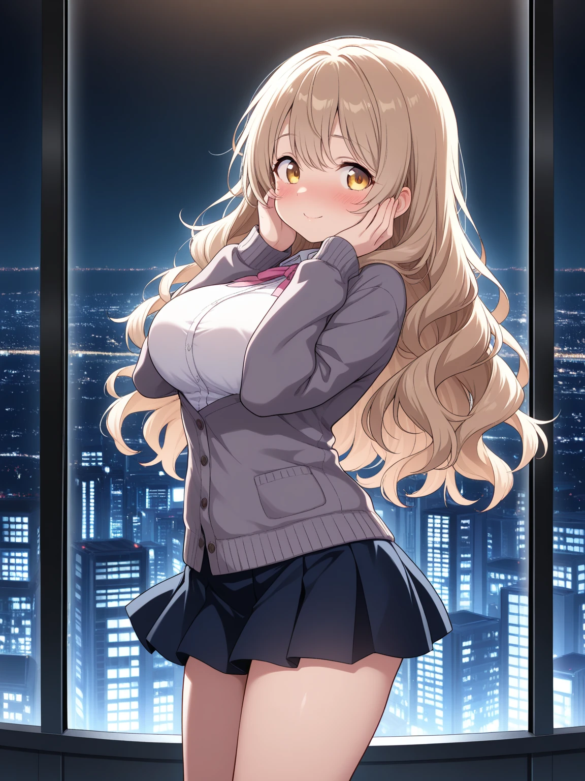 (masterpiece, best quality), 1girl, <lora:twisted_torso_v0.1:1> from behind, looking back, blush, pink hair, <lora:shiorikatase-nvwls-v1:1> katase shiori, purple sweater, black skirt, shirt, dress shirt, brown skirt
