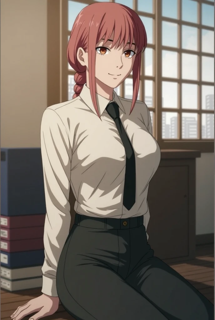 EFT_Makima, povbreastgrab, pov hand, breast grab, from below, front view, naugthy smile, looking at viewer, ringed eyes, black necktie, shirt, yellow eyes, braid, red hair, collared shirt, white shirt, braided ponytail, bangs, sidelocks