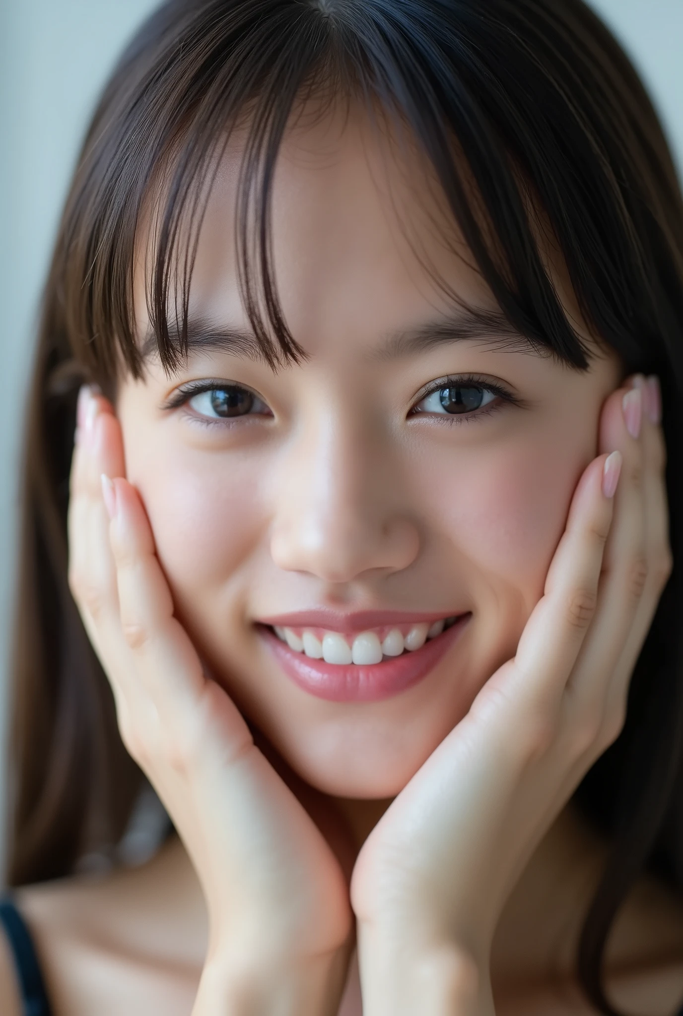 extreme close-up portrait, beautiful girl with her love-struck, radiant face filling the entire frame (95% face ratio), gently placing both open hands on her flushed cheeks with soft fingers, soft black camisole, white blurred background, eyes dreamy and half-lidded, deeply adoring gaze fixed straight at the viewer, irises ultra-detailed with intricate rainbow reflections and glowing catchlights, moist and sparkling eyes as if about to tear up from overwhelming joy, soft melting smile revealing slightly parted lips and upper teeth, skin with visible soft pores, realistic skin texture with warm lighting and subtle shadows, delicate eyelashes, glossy lips with natural highlights, cheeks glowing with deep blush, cinematic soft lighting, lifelike expression full of romantic euphoria, overflowing with happiness, warmth, and pure affection, subtly tilting her head as if whispering a name in total bliss, ultra photorealistic, masterpiece, 8K, hyperreal detail, skin pores, detailed iris texture, cinematic mood