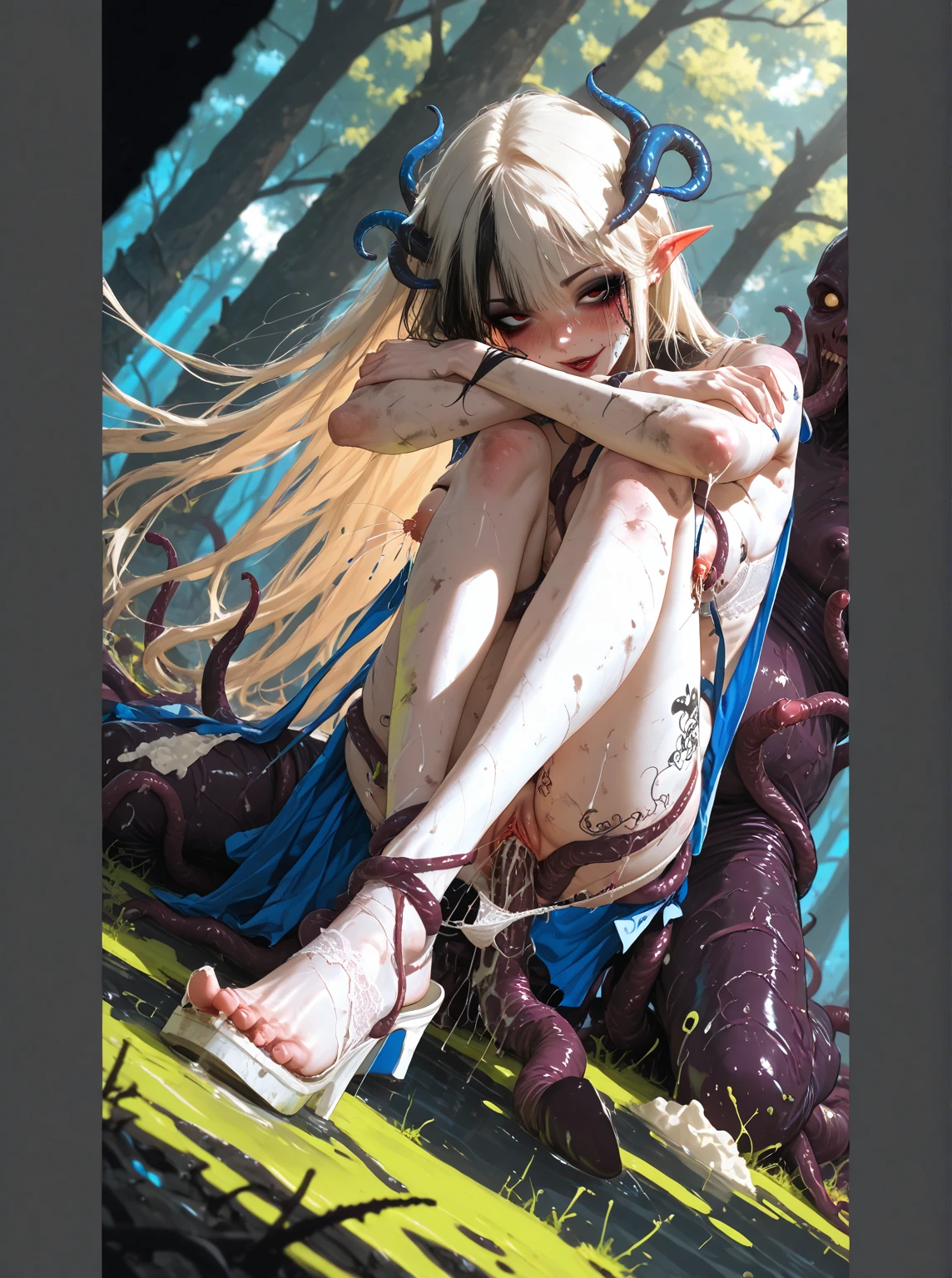 ((masterpiece:1.4, best quality))+, (ultra detailed)+, long twintails, (white thighhighs), cute girl,blue clothes, (flat chest:1.3), 1 fairy girl, off-shoulder sweater, a fairy, fairy girl, winged pixie girl, girl fairy, various different types of insect wings, small breasts (flat chest:1.3), NSFW,tentacle-like vines, Covered with tentacles, encoiled by tentacles, Tentacles around the body, many tentacles, captured by tentacles, bound by tentacles, trapped by tentacles, Fine details,Tentacled,Tied with tentacles, roaming tentacles, drooling,Crying,horrified expression, panic, fight for survival, helplessness, Detailed body,Full limbs,NSFW, being pulled into a flower, wild environment, jungle, terrifying floral environment, horrific nature, predatory flora, fairy catcher, fairy trapper, fairy catcher plant, tentacle-like vines, fairy trapper-plant, fairy catcher flower, tentacle-like vines, fairy trapper-flower inspired by carnivorous plants; a plant occupying the equivelant evolutionary niche as a spider would