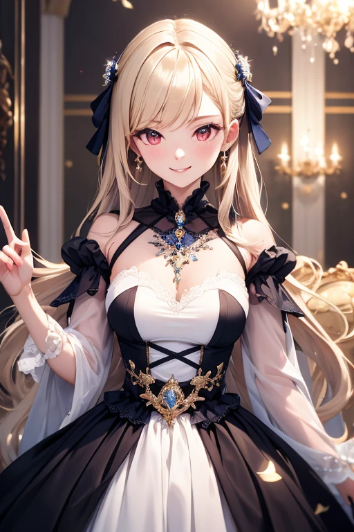 ((highest quality)), ((masterpiece)), (detailed), Perfect Face、8K、In town、Hair fits、blonde、Smooth Hair、smile、dress、