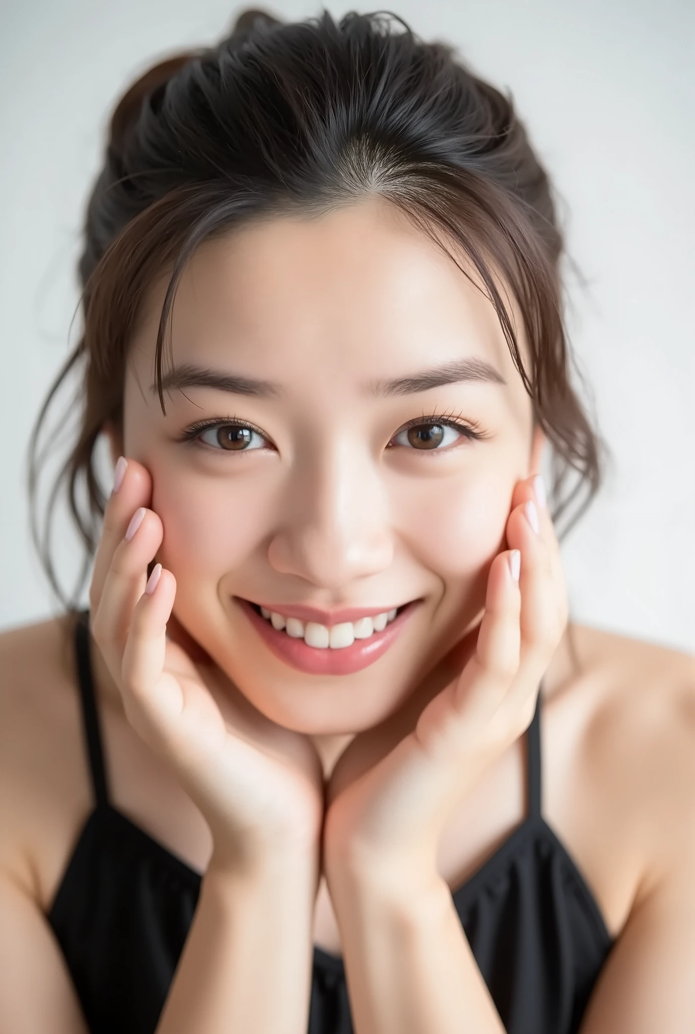 extreme close-up portrait, beautiful girl with her love-struck, radiant face filling the entire frame (95% face ratio), gently placing both open hands on her flushed cheeks with soft fingers, soft black camisole, white blurred background, eyes dreamy and half-lidded, deeply adoring gaze fixed straight at the viewer, irises ultra-detailed with intricate rainbow reflections and glowing catchlights, moist and sparkling eyes as if about to tear up from overwhelming joy, soft melting smile revealing slightly parted lips and upper teeth, skin with visible soft pores, realistic skin texture with warm lighting and subtle shadows, delicate eyelashes, glossy lips with natural highlights, cheeks glowing with deep blush, cinematic soft lighting, lifelike expression full of romantic euphoria, overflowing with happiness, warmth, and pure affection, subtly tilting her head as if whispering a name in total bliss, ultra photorealistic, masterpiece, 8K, hyperreal detail, skin pores, detailed iris texture, cinematic mood