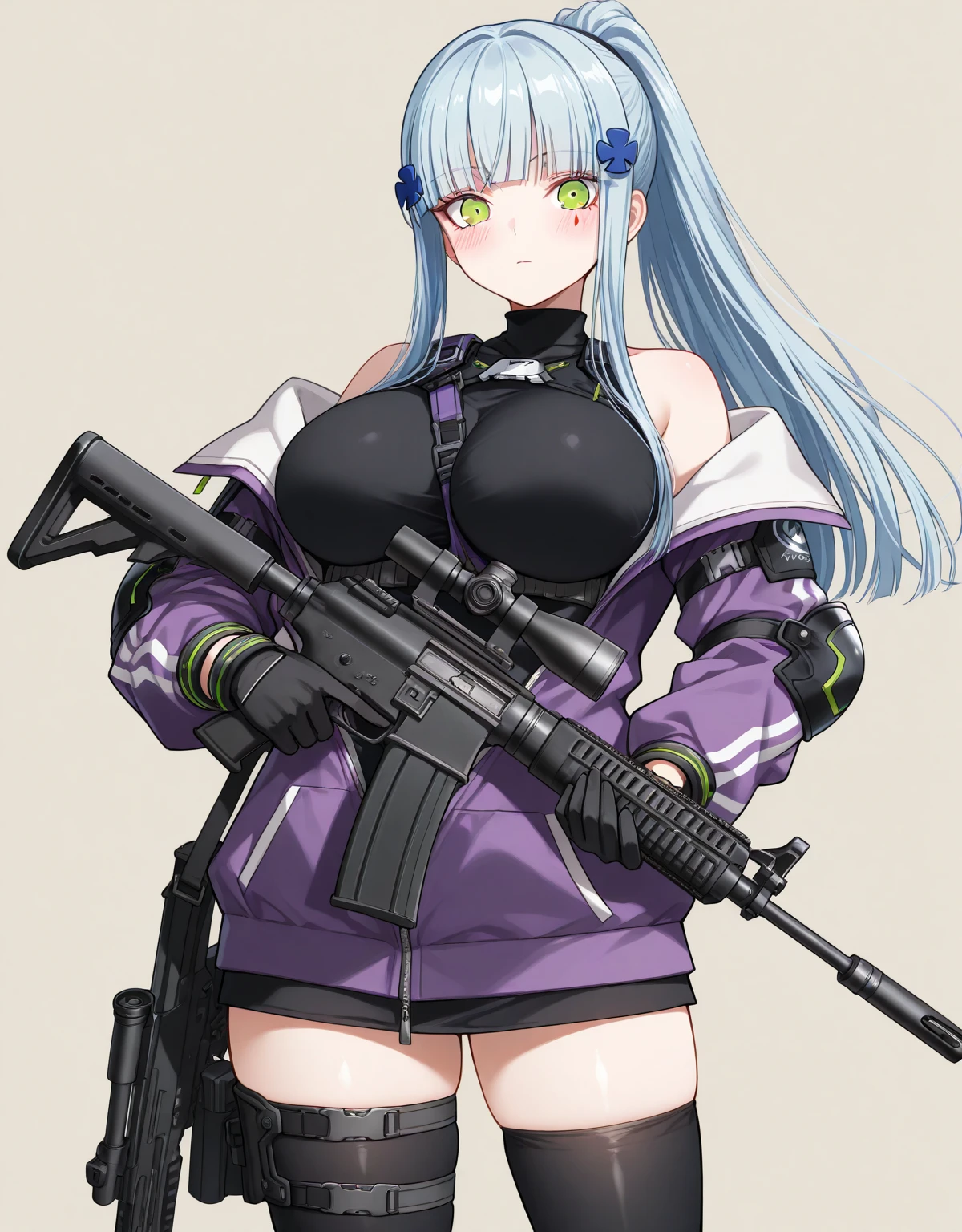ak15, holding gun, assault rifle, glowing purple eyes, long hair, black hair, blush, lipstick,, masterpiece, best quality, ((unbuttoned , cleavage, necklace, earrings, sexy body, breasts)) , micro skirt, smiling, navel , exposed belly, exposed navel,(nsfw) not safe for work,school, knot, classroom , holding a gun, hold a gun,navel piercing