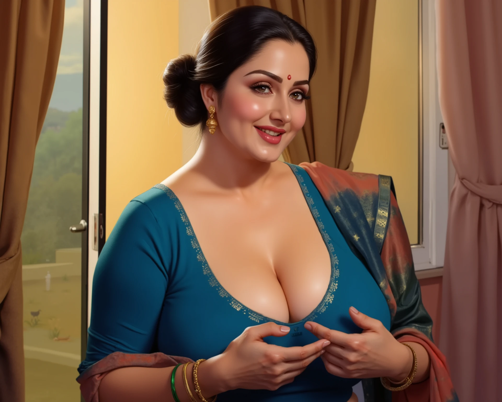 (Centered composition, cinematic lighting, detailed background) — A high-resolution, ultra-detailed painting in the style of renowned Indian artist Manimala. The scene shows a graceful, curvaceous Indian woman around 45 years old, looking at the viewer. She carries the charm and seductiveness of a confident middle-aged woman. She wears a red bindi, delicate gold earrings, and a traditional low bun hairstyle with dark, glossy hair parted slightly off-center. The bun is neatly coiled at the nape of the neck, giving an elegant and composed appearance. A few soft, loose strands fall naturally around her temples and cheeks, gently framing her face. The hair has a healthy sheen, appearing well-groomed yet effortlessly graceful, adding a romantic, slightly tousled charm to her traditional look.
, enhanced by traditional face makeup with subtle kohl-lined eyes and a natural glow. A woman standing, wearing only a deep blue blouse that reveals her deep seductive cleavage, gracefully pressing her hands on her breasts and looking at the camera and looking at the camera, captured mid-motion, standing by a window with golden hour lighting, divine and ethereal atmosphere, cinematic lighting, detailed fabric texture, realistic body figure.
Her warm smile and flirtatious gaze are directed at the viewer, creating an intimate and inviting mood. The camera perspective is from the seated viewer’s point of view, heightening the feeling of personal attention. The overall style is vivid, colorful, and richly textured, blending with cinematic artistry — 8K, ultra-detailed, soft volumetric lighting, photorealistic, oil painting style, rich tones, goddess-like presence, evocative and serene.