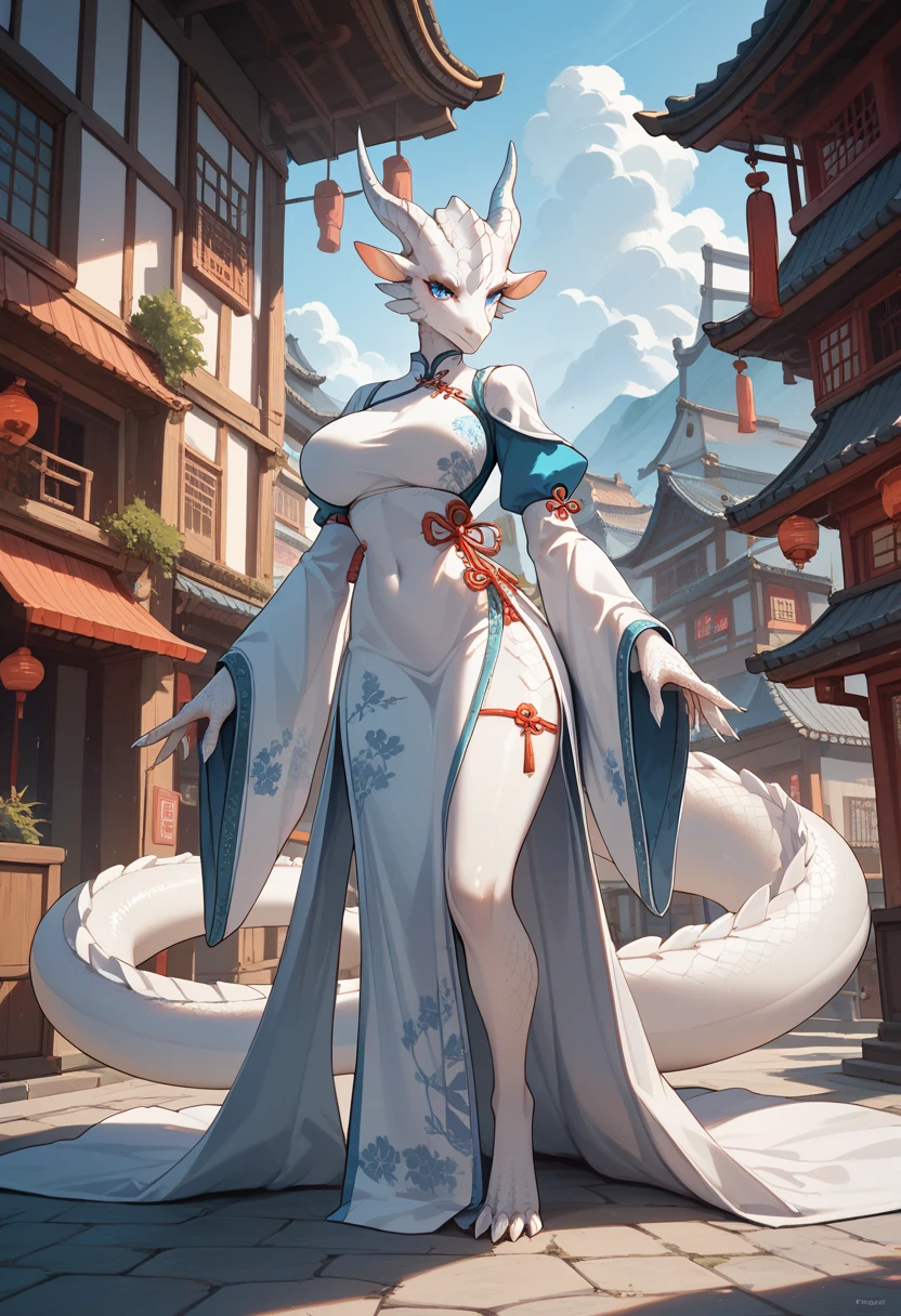 solo, anthro, (eastern dragon), female, chubby, busty, (navy blue scales), ponytail, blue eyes, white hair, hanfu, Chinese bridge, black horns, Chinese umbrella, rainy day,