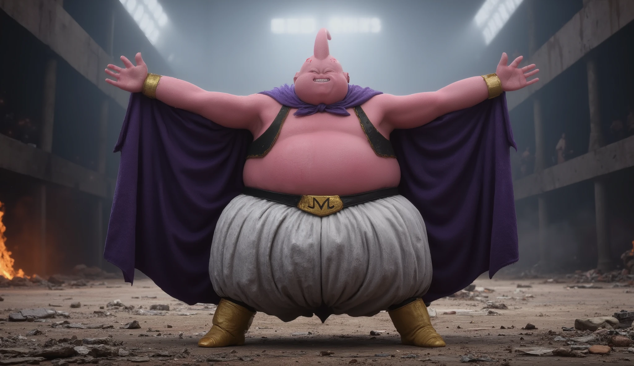 Ultra-realistic cinematic live-action shot of a large pink-skinned magical creature resembling Majin Buu (fat form). He has smooth, rubbery skin with natural skin gloss, a round belly, and a like but eerie expression. A thick antenna curves backward from the top of his head. He's wearing a high-quality dark purple cape flowing behind him, a black and gold sleeveless vest, white baggy pants with visible fabric texture, golden boots, and a prominent "M" belt buckle. His arms are spread wide with fingers tensed, tilted head, and an unsettling grin, as if inviting a fight. One foot slightly forward, menacing stance. He stands in a ruined arena with smoke and glowing embers in the background. Moody lighting, cinematic shadows, hyper-detailed textures, realistic skin folds, and gritty atmosphere.