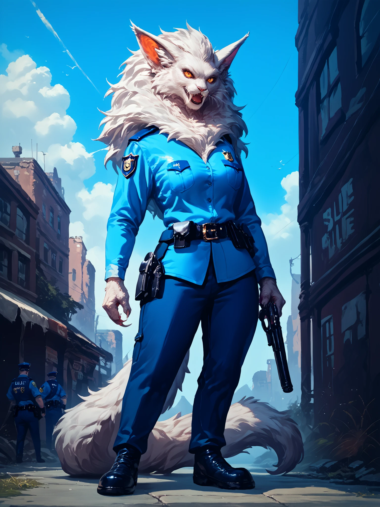 score_9, score_8_up, score_7_up, score_6_up, score_5_up, score_4_up, source_anime, source_ fluffy, top quality, masterpiece, 1 woman, (targath), police uniform, standing, outside, detailed background