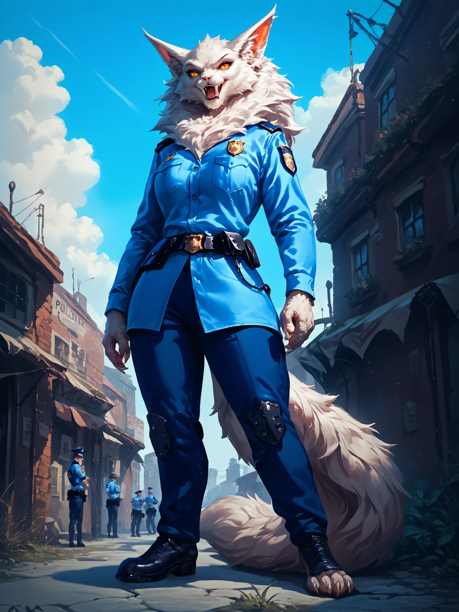 score_9, score_8_up, score_7_up, score_6_up, score_5_up, score_4_up, source_anime, source_ fluffy, top quality, masterpiece, 1 woman, (targath), police uniform, standing, outside, detailed background