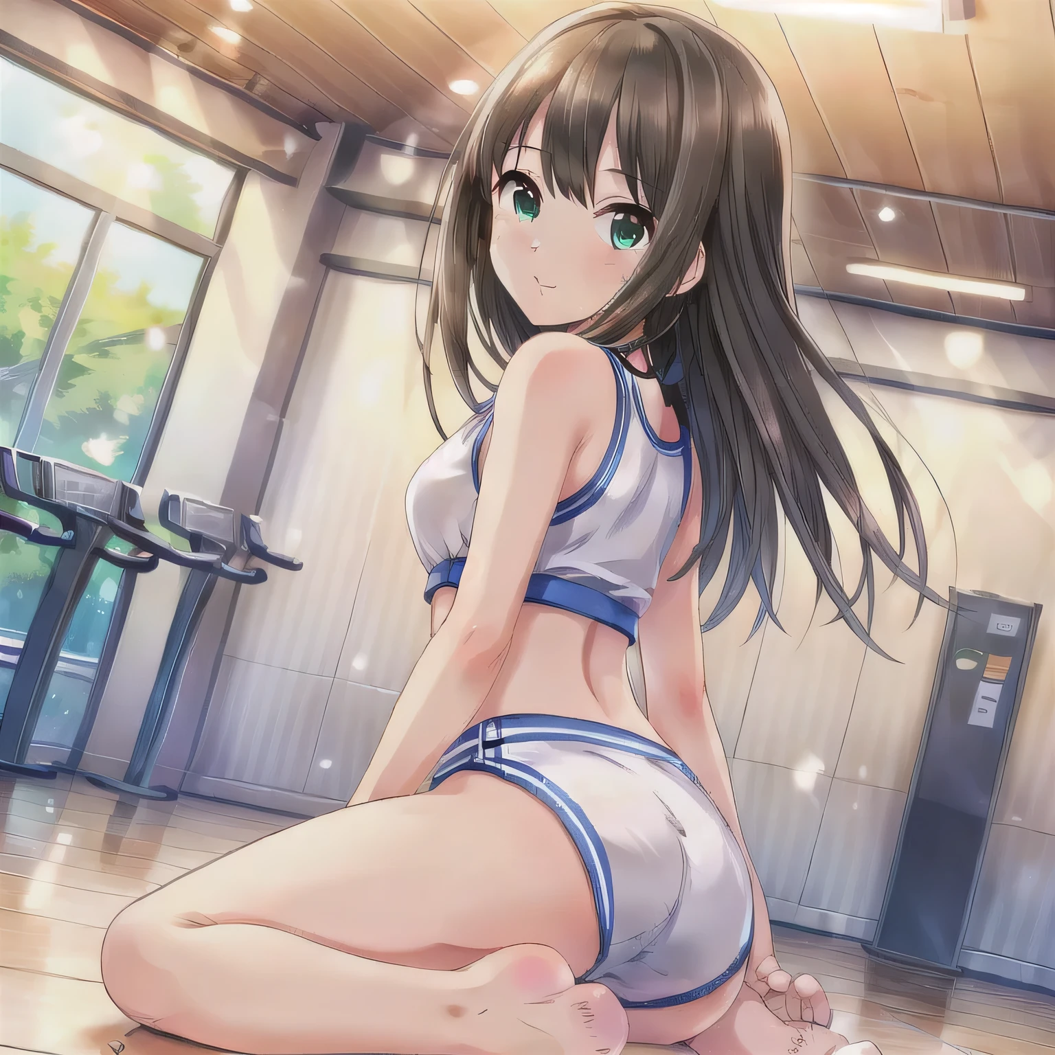 NSFW、Primary school students、child、Long Hair、((Small breasts、Small breasts、体型、Angry、Wounded Body、Blue ribbon))、((Pink nipples、See-through leotard、weating profusely、Training at the gym