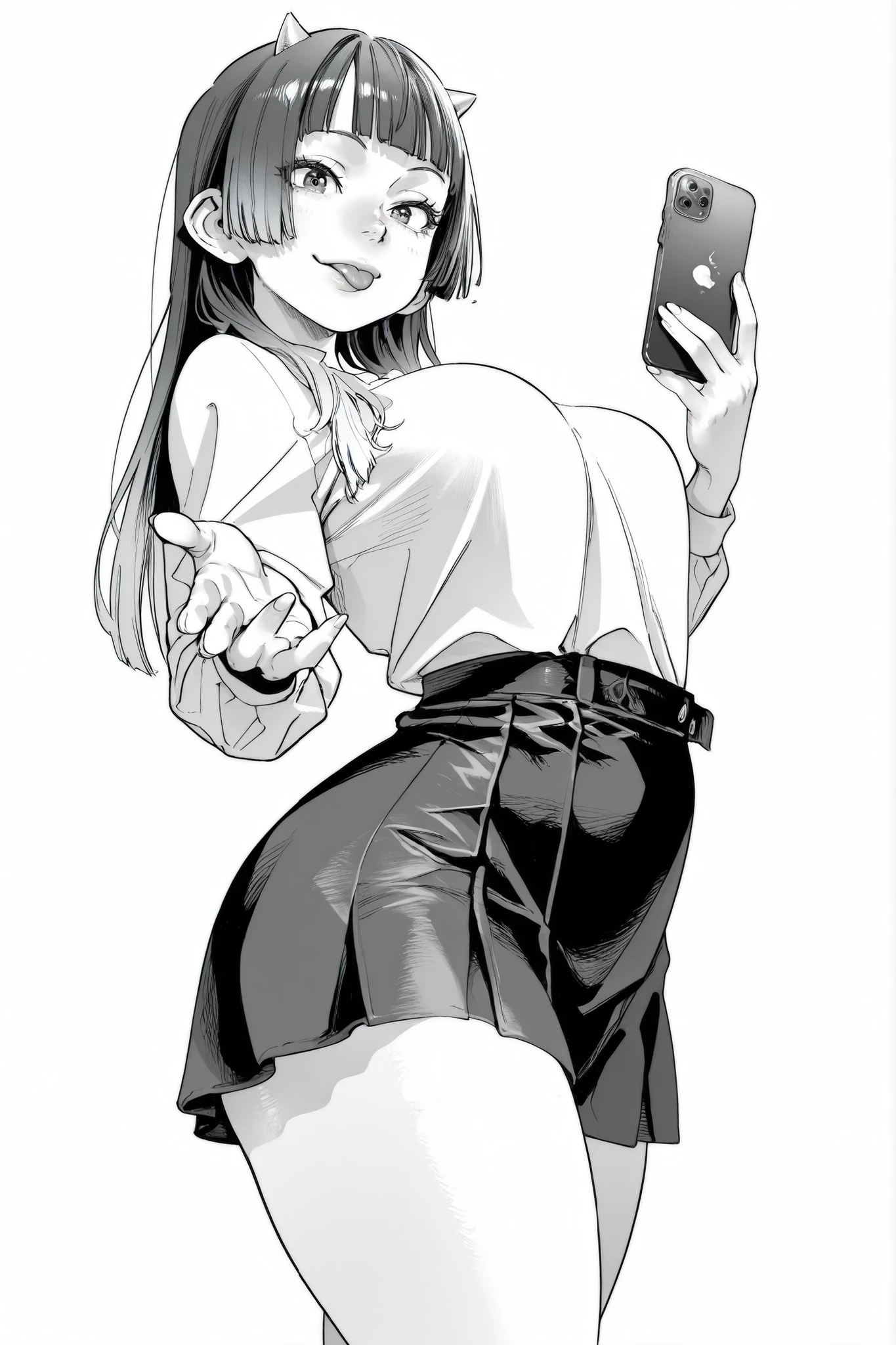 score_9, score_8_up, score_7_up, score_6_up, score_5_up, score_4_up,
BREAK
(masterpiece: 1.0), best quality, perfect anatomy, perfect composition, perfection, Realistic proportions, realistic anatomy, by Yusuke Murata
BREAK
use of shape theory, use of anatomy, defined body, defined textures, defined fabric folds.
BREAK
Elegant, graceful, amazing anatomy, perfect form, perfect face, perfect hands, correct anatomy, high res, absolutely breathtaking, greyscale, monochrome, color contrast, kinu nishimura
BREAK
narrow waist , wide hips , thick thighs , 1girl, solo, :p,, arched back, hime cut, gradient hair, looking at viewer, pointed ears, small horns, holding phone, miniskirt, thick thighs, simple background, halftone, masterpiece, best quality, amazing quality, very aesthetic, newest,