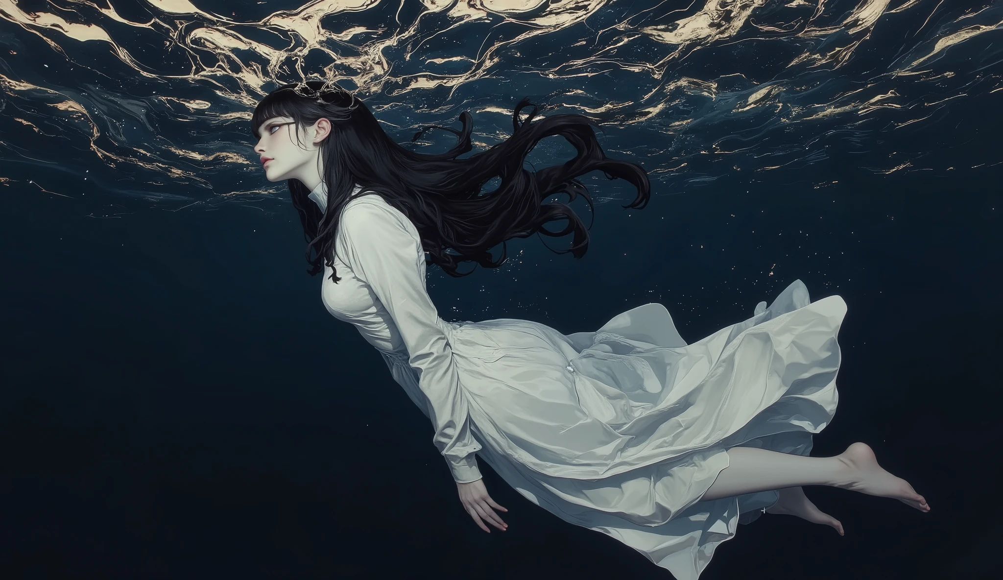 Portrait of Cynthia,(masterpiece),(Top quality),(Super detailed),(ultra high resolution),(Top Illustrations, realism), 8k , in full height, Beautiful girl under water, with long black hair, at the bottom , white long dress, gloomy, Cold, sad, The color palette is blue, painting evokes the grace of water. side view