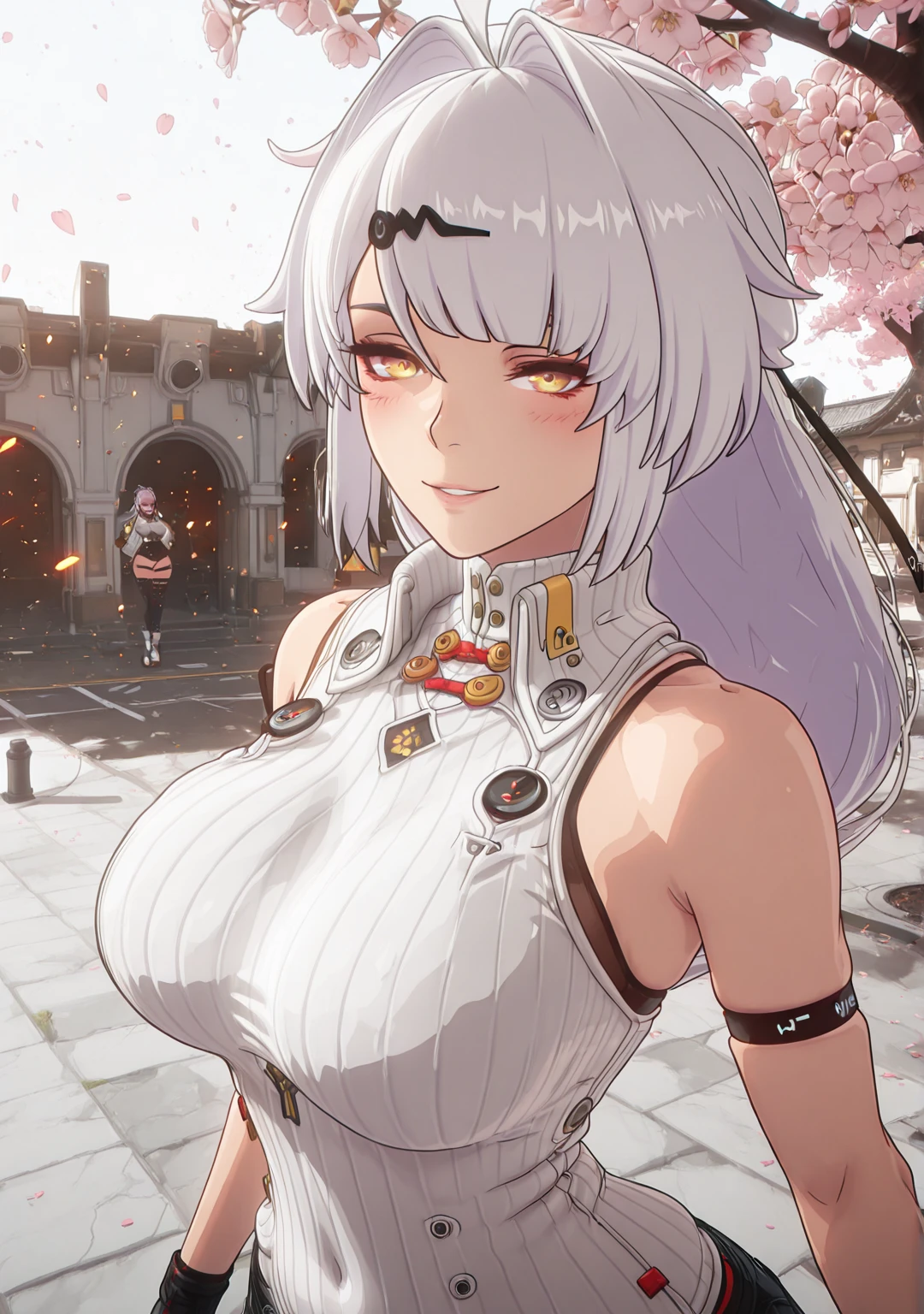 Tomoe Gozen、Detailed Description、high resolution、One Girl、Slender、Silver Hair、long hair、ponytail、(blush)、Troubled face、White bra、White panties、Leaning forward、Looking up、belly button