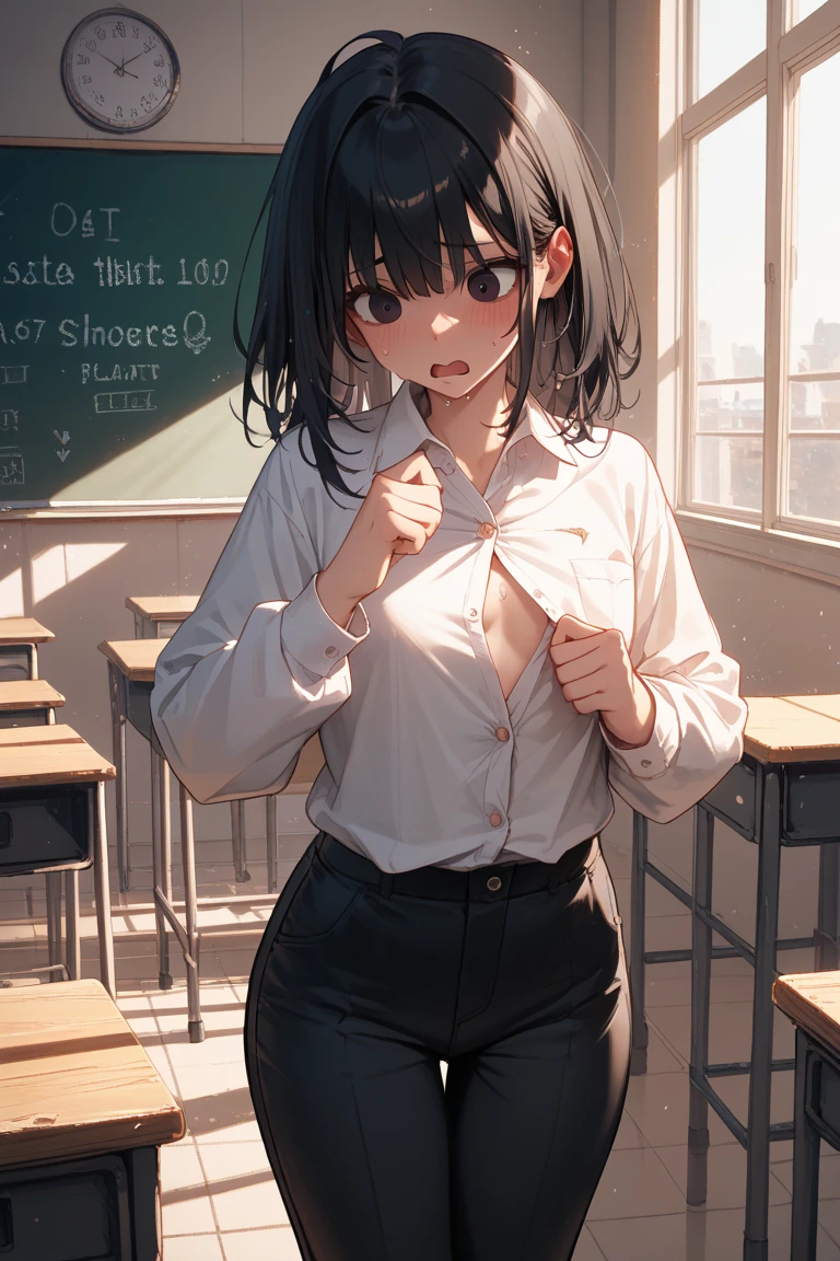 ((masterpiece,Highest quality:1.3,best quality illustration)),cowboy shot,独奏,1woman,14-year-old beauty、black hair,short bob hair,bangs,black eyes,(gorgeous big eyes),((very small head:1.3)),sad,tears,((skinny:1.2)),((tan skin:1.4)),small breasts,(School student uniform、Short sleeve collared shirt、Blue ribbon tie、Blue mini skirt),gleaming skin,oily skin,slender body,sweat,standing,classroom、School、Tokyo、nsfw,