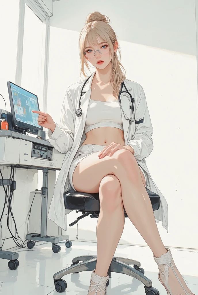 Imagem realista de alta qualidade 4k, levitation, magnetic field, 1 garota perfeita, olhos verdes brilhantes reais, Athletic and lean body, magra, peito menor pequeno, peito pontudo, cabelos longos Rabo-de-cavalo, cabelos pretos, mechas cianoverde no cabelo, levitation of the young woman on the X-ray table, braceletes de Prata e ouro, anklet on the foot of Silver, golden lace bra, Black sports shorts and long white medical coat, sala de raios X, radiologia