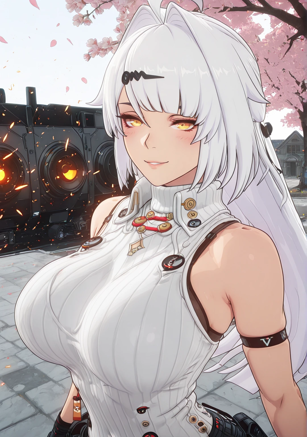 ggstduel, (minami_koyogi-style:1.4), (alecto_0-style:0.8), ((anatomical correct)), ((embers)), ((Cinematic, unreal engine, eye-catching, ambient occlusion, UHD, masterpiece)), ((perfect lighting)), perfect body, perfect eyes, perfect fingers, gasping, heavy breathing, gasping profusely, ((skindentation)), ((curvy)), YiXuan, white hair, yellow eyes, hair ornament, long hair, bangs, ahoge, plump, 1girl, breasts, solo, looking_at_viewer, turtleneck, sweater, sleeveless, smile, ribbed_sweater, bare_shoulders, cherry_blossoms, sleeveless_turtleneck, blush, turtleneck_sweater, upper_body, hair_intakes, closed_mouth, alternate_costume, white_sweater, flower, sleeveless_sweater, parted lips falling petals, shaded face