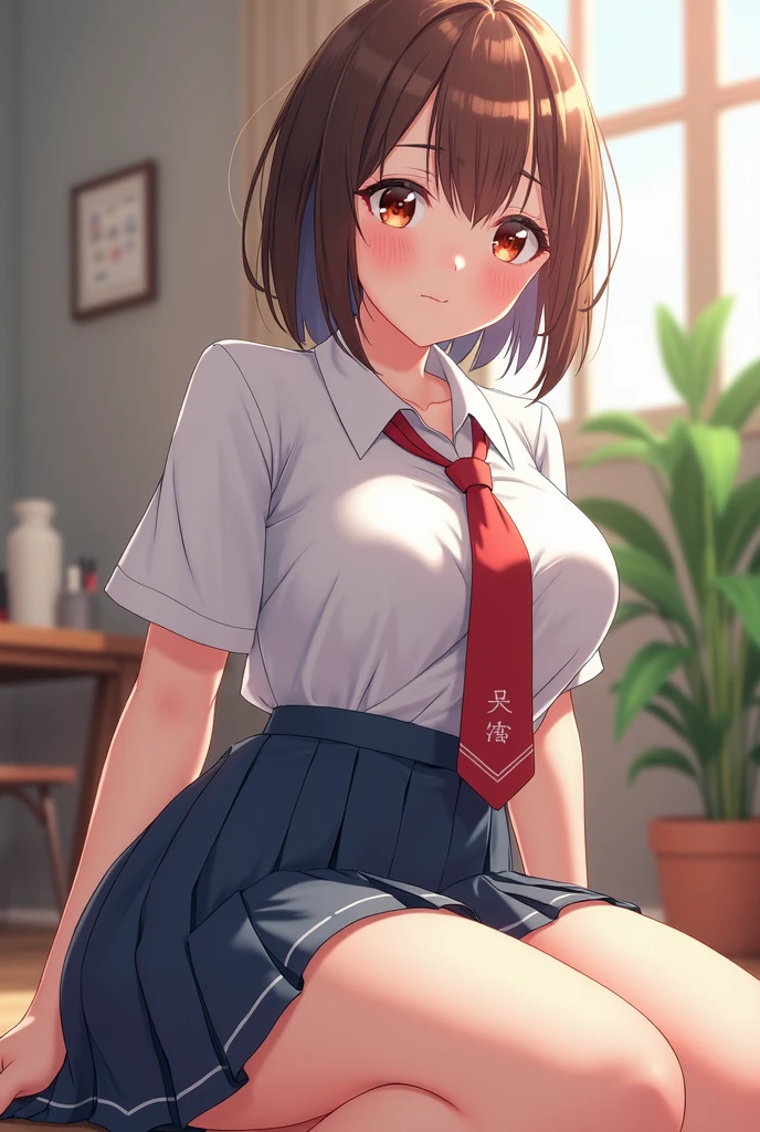 (Highest quality), (Super detailed), (Detailed light), (Very delicate and beautiful), Brown Hair, Brown eyes, model, (Beautiful big :1.1), Bare shoulders, (Bare Chest:1.7), (High School Uniform, Pleated skirt:1.3), (High  with wide open breas, Highest quality, Highly detailed CG synthesis 8k wallpaper, High resolutionRAWカラー写真, Professional photography, (((Bokeh))), Depth of written boundary, Beach, Ocean, Twilight, sunset,　White panties、Browrs、smile、Bright classroom、(((alone))),(((1 girl))),  Slim and beautiful thighs,  Highly detailed skin, masterpiece, Highest quality, 非常にDetailed face, Vibrant colors, Depth of written boundary, Cinema Lighting,, One girl, alone, Brown eyes, Brown Hair, hair ornaments,short hair,Red Check Skirt,blush, White shirt, masterpiece Highest quality High resolution、Sit with your knees bent、Beautiful feet 、On campus、As if looking up from below、Embarrassing,Browsing Caution,White panties,Camel Toe、(op, Highty, High resolution,  Pixel perfect, 4K, ))), 1 Girl, single, alone, Beautiful woman、I could see the whole body、 ((Short Wavy Hair, bangs, Brown Hair)), ((Brown eyes, Beautiful eyelashes, Realistic eyes)), ((Detailed face, smile:1.2)), ((Smooth texture:0.75, Realistic texture:0.65, Realistic:1.1, Anime CG Style)), Medium chest, Dynamic Angle, Perfect body, ((school uniform,  White shirt, Red Skirt, Unbuttoned shirt、Red Check Skirt、White socks)), An empty classroom、Sit at a desk、I took my feet off the desk.、smile、(Lift up your skirt with your right hand、Spread your legs、Knees wide open、white lace panties)、、(Cute Bra)、
