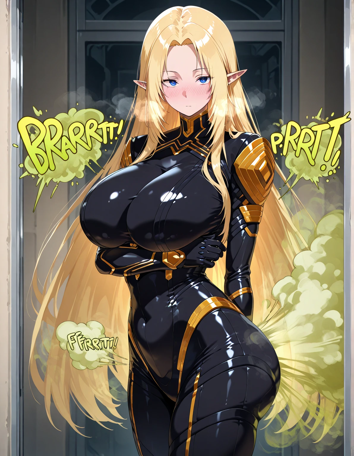 Elf Blonde Golden Eyes Headband knitting Long Hair Big Breasts blush armor Erotic Masturbation Obscene lines Squirting Expose Town Eyes are hearts Crowd Adventurer
