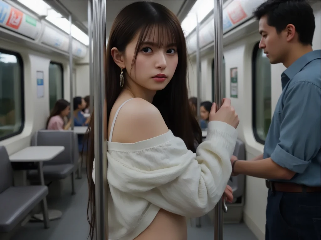 A crowded train on the way to work, Beautiful 24 year old Japanese woman, She has the prettiest face, A woman in a sleeveless summer dress is standing holding a suspension strap, Her armpits are visible, Private area is shaved, She looks shy, Photo realistic, ultra high  resolution, 8K, masterpiece