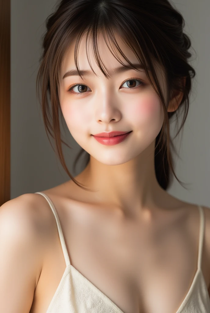 (masterpiece:1.3), (8k, Photorealistic, RAW Photos, Best image quality: 1.4), Japanese 、16 years old、(Random hairstyle:1.2)、(Cleavage:1.2)、Super detailed face、Eye on the details、double eyelid、Chest to chest、Sharp focus:1.2、(Cute Woman:1.4)、Light brown hair、highest quality、masterpiece、Ultra-high resolution、(Photorealistic:1.4)、Highly detailed and professionally lit smiles、Loose, lightweight knitwear、Shoulders out、thin、Serious expression、Short Hair、Deadly position