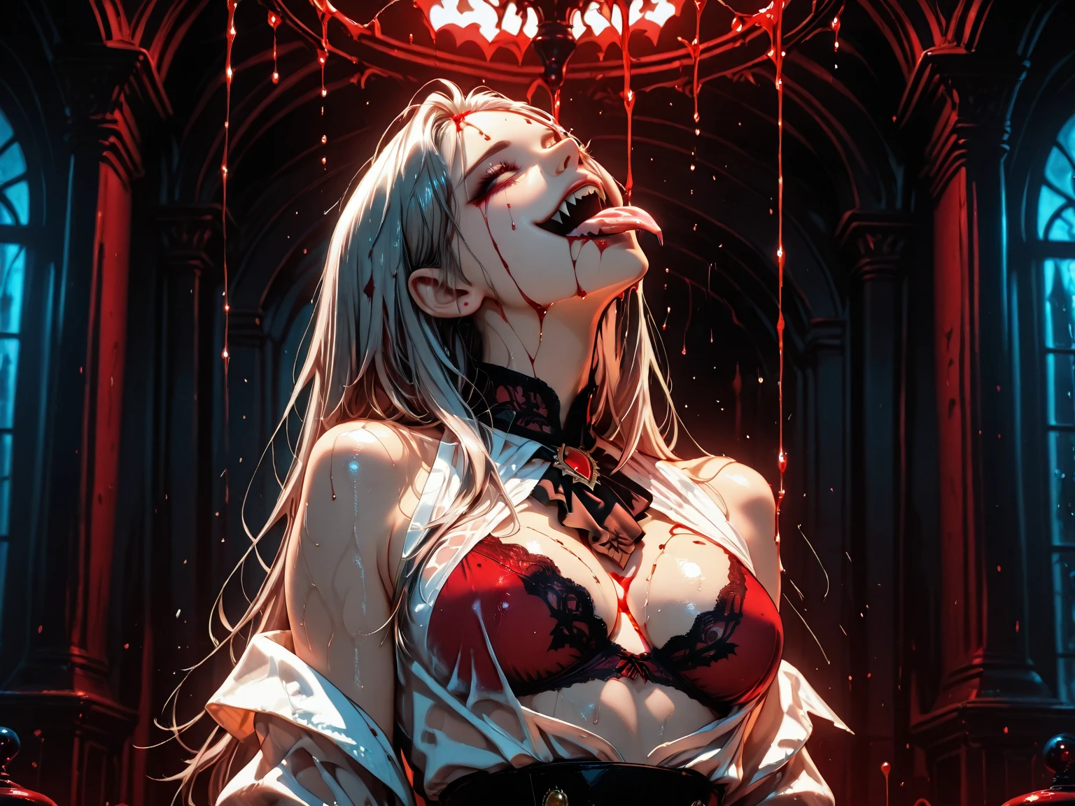 (32K:1.5, Dark fantasy:1.4, Highest quality, masterpiece, Ultra-high resolution), Perfect dynamic composition:1.3, Horror Portrait, chaos, Dark background:1.3, Prisoner, slave, Dark Demon World, (Detailed tattoos on the whole body:1.4, Wearing elaborate jewelry:1.4), Very detailedな肌と顔の質感:1.3, Very accurate, Very detailed, (Cute and sexy succubus demon with big wings:1.3, Incredibly slim body:1.3, beautifully、beautiful:1.3), Horn, Fair skin, Sensual posture, ((Putting Badly Torn Clothing Back on Properly:1.3)), Medium chest, (Big eyes that exude beautiful eroticism:0.4, Feel the intense caress:1.0, Please open your mouth a little, lipstick, Feel the beautiful eroticism:0.9, Too sexy and cute:0.8, charm的な:0.8), ((Covered in blood:1.5, Covered in scars:1.5, Physical pain:1.6, Lots of chains:1.6, Countless chains tangled in clothes:1.6, Chain your right arm:1.5, Chain the left arm:1.5, The right leg is bound with a shackle and chain:1.5, The left leg is bound with a shackle and chain:1.5)), Super long blonde curly hair, Earrings, necklace, bracelet, romantic, mysterious, elegant, Object of admiration, original, dramatic, artistic, Innovative, charm, Heartful, Fancy, sense of openness, sense of cleanliness, special, exciting, Extreme, Tilt, sense of loss, sorrow, sorrowの表現, ((大人のcharm, 女性的なcharm))