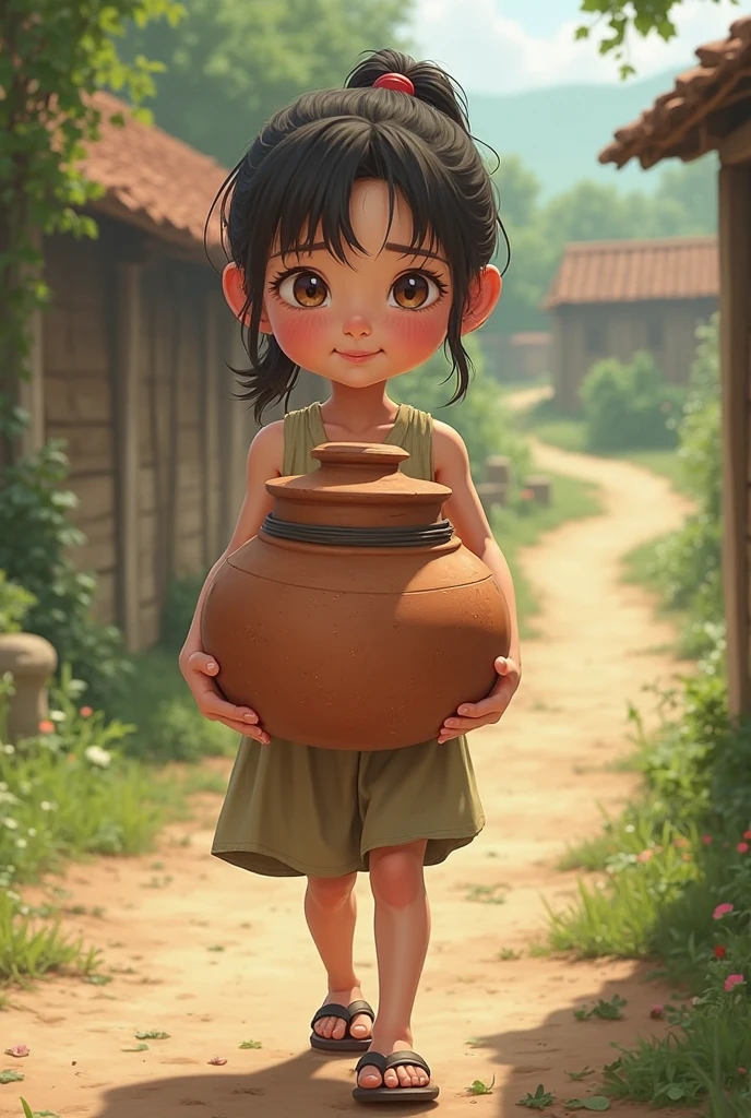 Girl carrying mud pot on her head