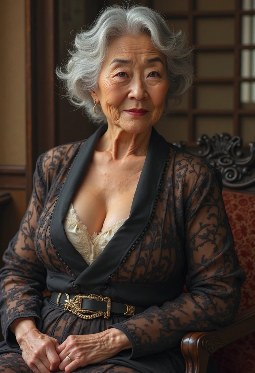65 years old,(A MILF:1.2), a captivating gaze,long old gray hair,Brown eyes, (A lot of wrinkles on her face:1.4), (There are many wrinkles on her chest1.4),Old Woman, Detailed wrinkles (8K, High resolution,ultra-quality, An ultra-high picture quality,Ultrarealistic,Best Quality,masuter piece:1.2)(breasts are large,Large cleavage:1.1) ,(Old Woman in Japan) , black dress,eyes visible through hair, Proper eye position,Cinematic Light,Soft light,lower back,Night time,Soft moonlight,detailed color graded background,Convoluted, ighly detailed,8K,Overall silhouette,Bedrooms,Looking down