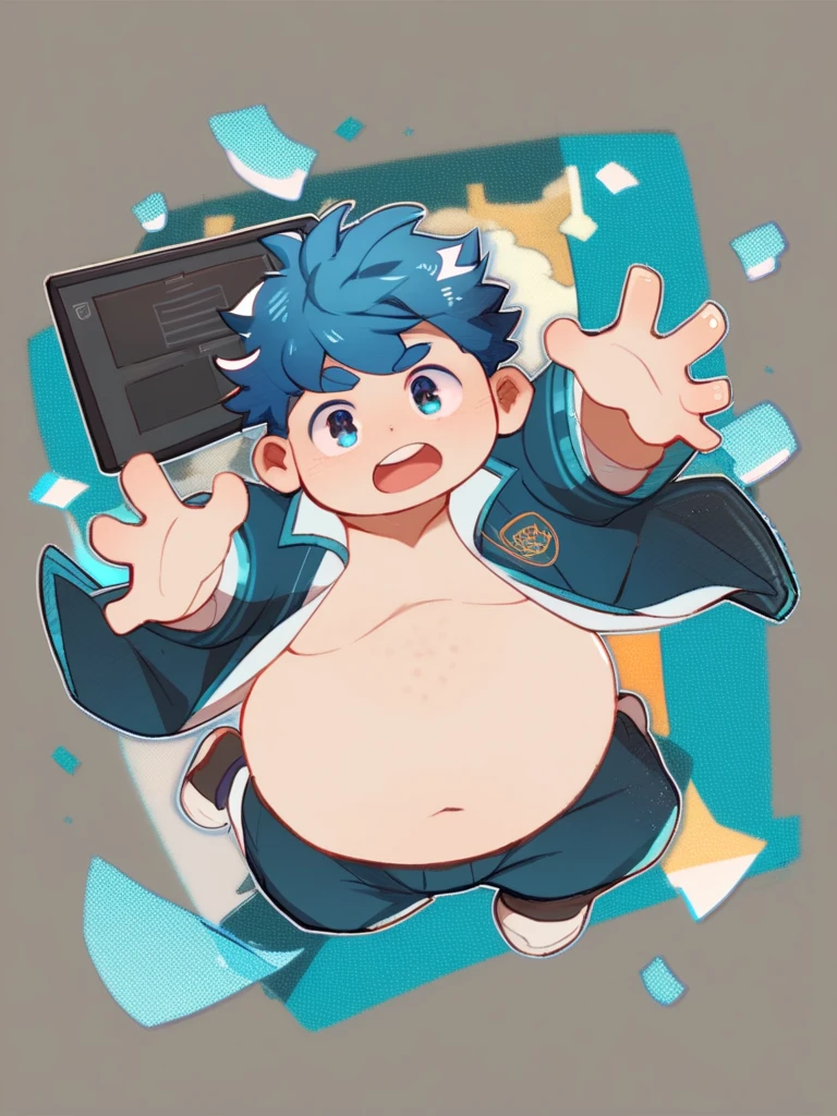 Full Body Blue, Body Noise-Sensing, as a computer folder, Wearing School Uniform,  chubby , cute, with a big belly to reveal clothes, junior high school student, Fatty,  No Glasses , With hair, Overweight