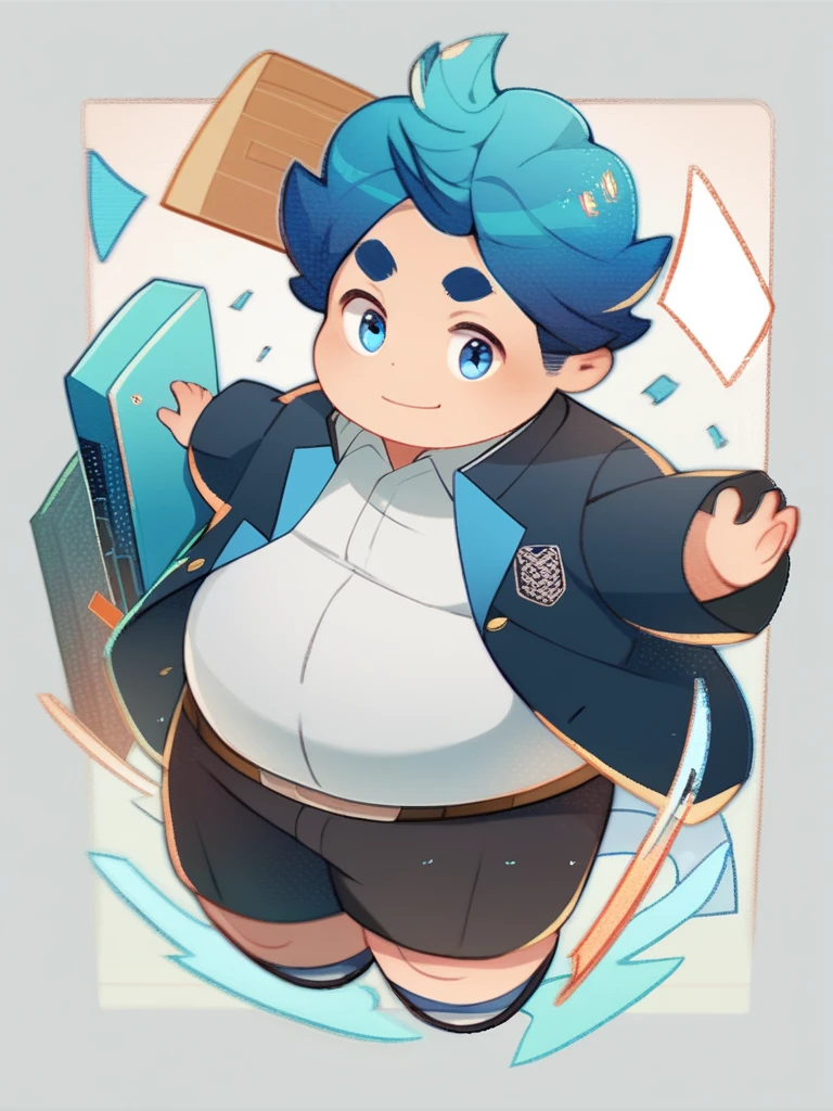 Full Body Blue, Body Noise-Sensing, as a computer folder, Wearing School Uniform,  chubby , cute, with a big belly to reveal clothes, junior high school student, Fatty,  No Glasses , With hair, Overweight