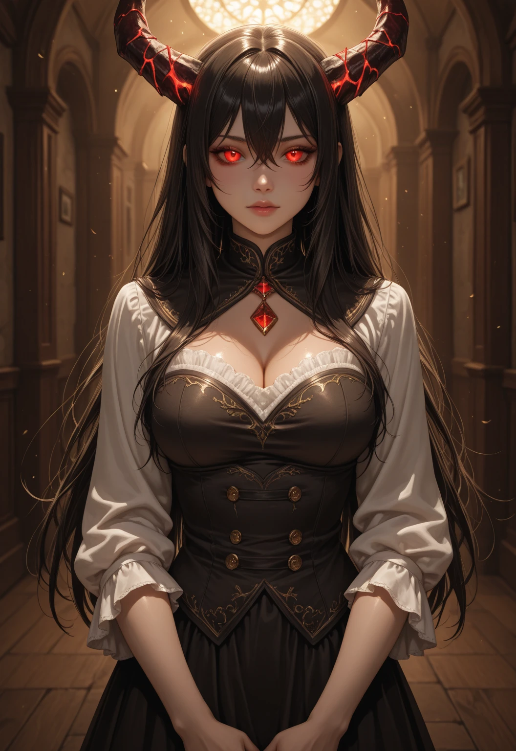 A vampire with long black hair, her eyes were red, (red eyes), her skin was pale as milk, dressed in a long medieval dress, (vampire)