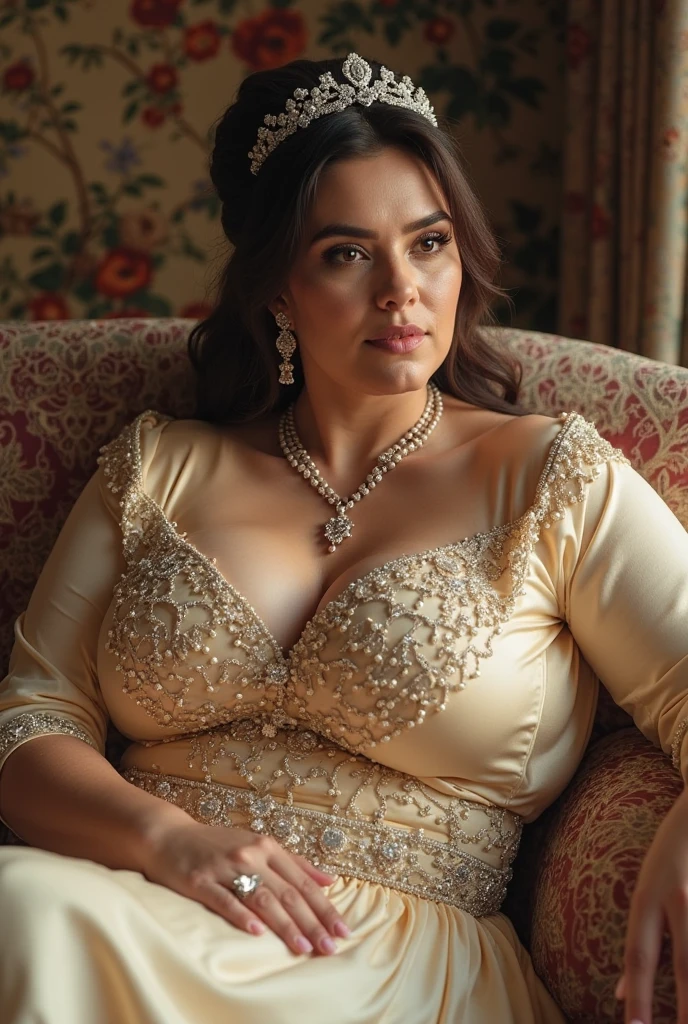 (front view focus), A gorgeous very busty beautiful chubby mature Indian women, 45 years old mature Indian aunty, (((wearing silk blouse, with lace))) and (((wearing silk skirt, with design)))), perfect face, ((looking at viewer)), (((big Bindi))), (((dark lipstick))), HD details, high details, sharp focus, studio photo, HD makeup, shimmery makeup, celebrity makeup, ((full body view)), heavy jewelry, big breast, big waist, ((mature chubby)), (HD render)Studio portrait, magic, magical, fantasy, front focus.