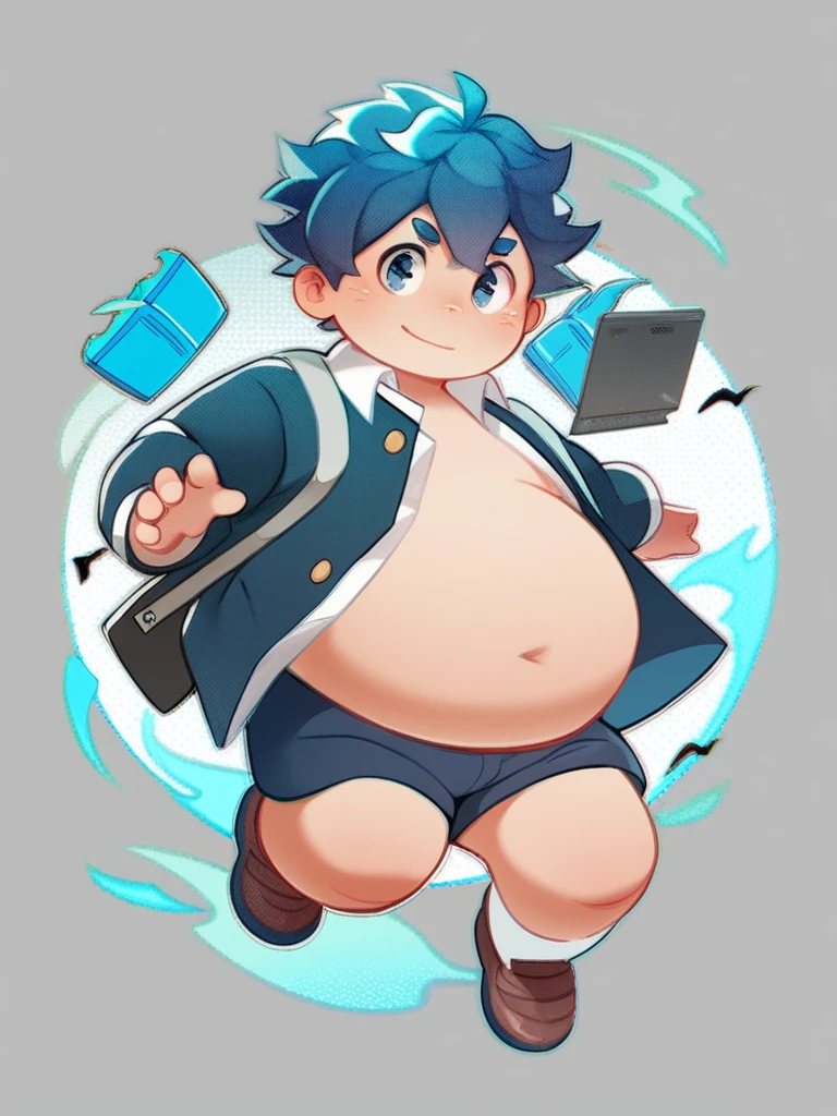 Full Body Blue, Body Noise-Sensing, as a computer folder, Wearing School Uniform,  chubby , cute, with a big belly to reveal clothes, junior high school student, Fatty,  No Glasses , With hair, Overweight