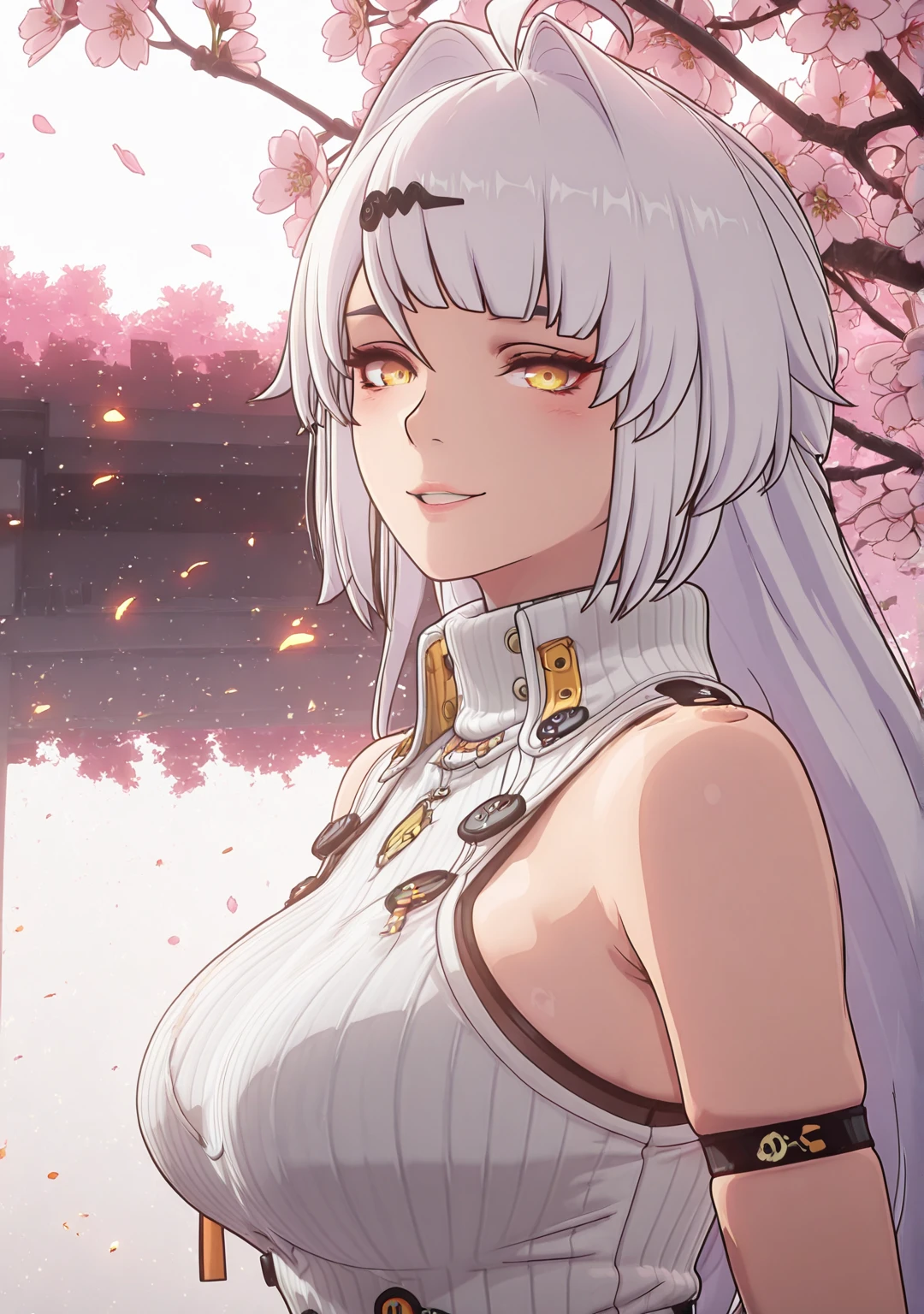 best quality, masterpiece, highres, solo, {white kimono:1.35}, {red hakama:1.35}, {wide sleeves:1.20}, {massachusetts_azurlane:1.15}, dark_skin, dark-skinned_female, long_hair, white_hair, facial_mark, breasts, bangs, large_breasts, forehead_mark, blush, cleavage, red_eyes