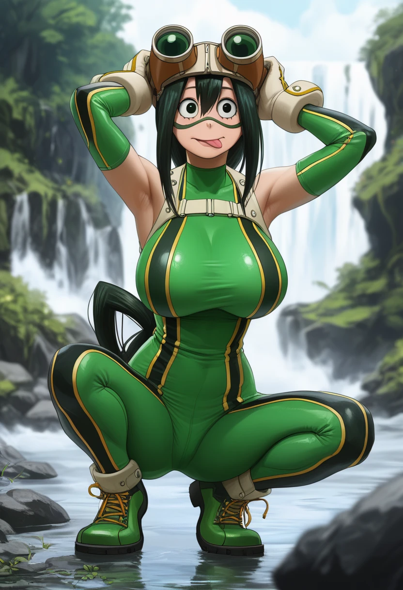 score_9,score_8_up,score_7_up,score_9,score_8_up,score_8,ultra detailed,beautiful face,beautiful hands,detailed background,detailed face,4k,HD,8k,highres,antialiasing,detailed,Toph, Toph Bei Fong,1girl,solo,looking at viewer,smile ,smug smile, black hair,medium breasts,blind green eyes,grin,black leotard,bodysuit,covered navel, cowboy shot,room,room background, squatting, inflatable body, inflatable skin, latex skin, shiny skin, rubber skin, plastic skin, inflatable hair, plastic hair, shiny hair, rubber hair, latex hair, futanari, horse cock futanari, horsecock, cum dripping from tip of cock into condom, cumming into condom, cumming, comdon filling, grabbing own cock, huge condom, condom balloon, transparent green condom full of cum, whole character in view, hard nipples, green latex thigh-highs, platform heels, extra tall platform heels, green latex elbow gloves