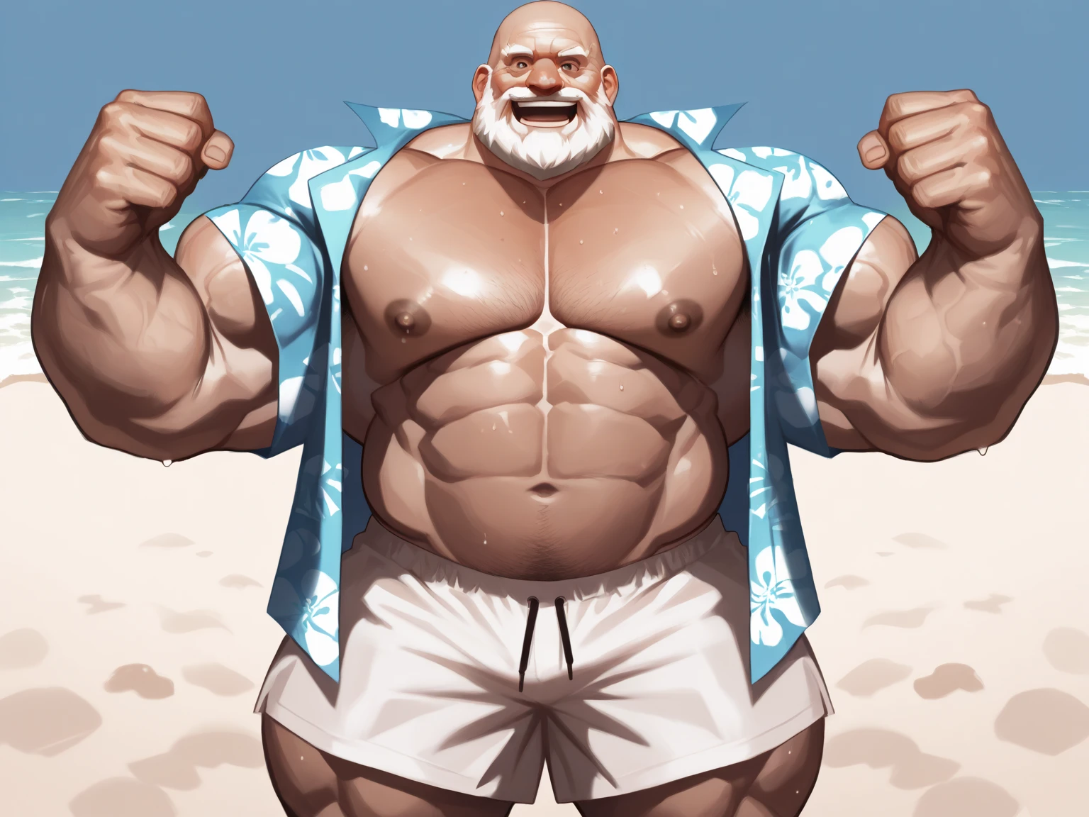 An Asian male,Thick beard,Very fat and strong,Wear gray-blue panties,The chest hair is very exuberant,Kneel,bald-headed,There is a Maori totem tattoo on the right shoulder,Have by the sea