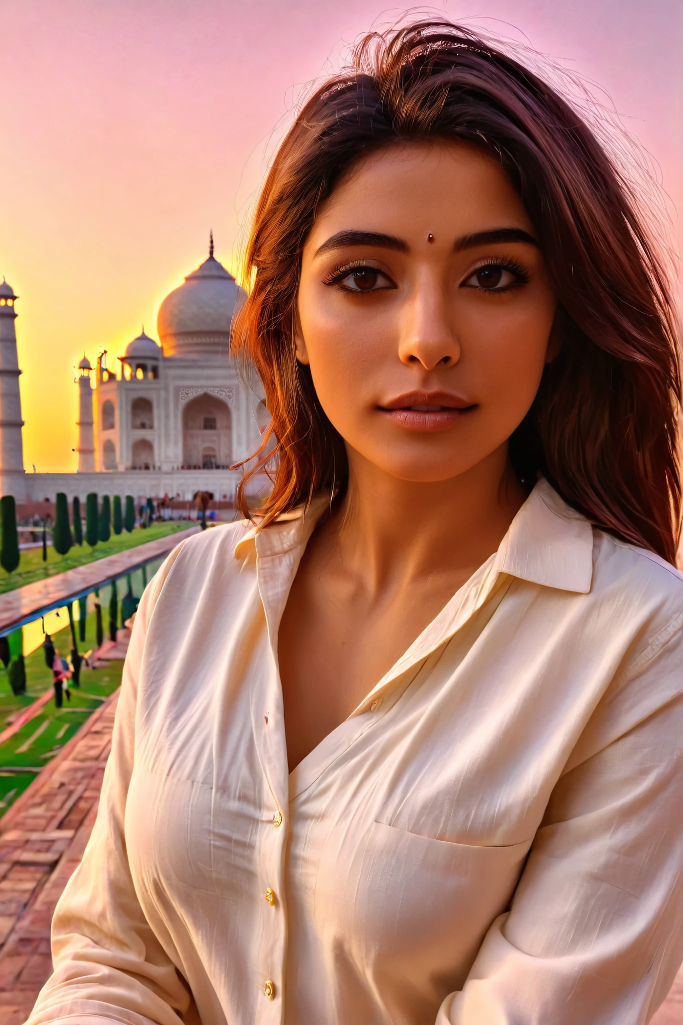 Nipples pop out, travellers, low cleavage, in the style of rap aesthetics, girl,Indian,make for a memorable photo. The background is to the ancient Taj Mahal,photo taken with fujifilm superia, charly amani, oversized portraits, babycore, upper body don't change the face , (best quality,4k,8k,highres,masterpiece:1.2),ultra-detailed,(realistic,photorealistic,photo-realistic:1.37),taj mahal,beautiful detailed eyes,beautiful detailed lips,extremely detailed eyes and face,long eyelashes,1 girl,Indian girl,Northern Indian girl,long dark hair,serene expression,traditional Indian clothing,standing pose,admiring Taj Mahal in awe,marble monument,white domes and minarets,arches and calligraphy,reflecting pool,gardens and fountains,sunrise/sunset lighting,soft golden glow,subtle shadows,romantic atmosphere,heritage site,ornate architecture,intertwining geometric patterns,colorful inlay work,vibrant reds and blues,rich textures,flowing water,birds flying in the sky,peaceful ambiance,ancient Indian beauty.