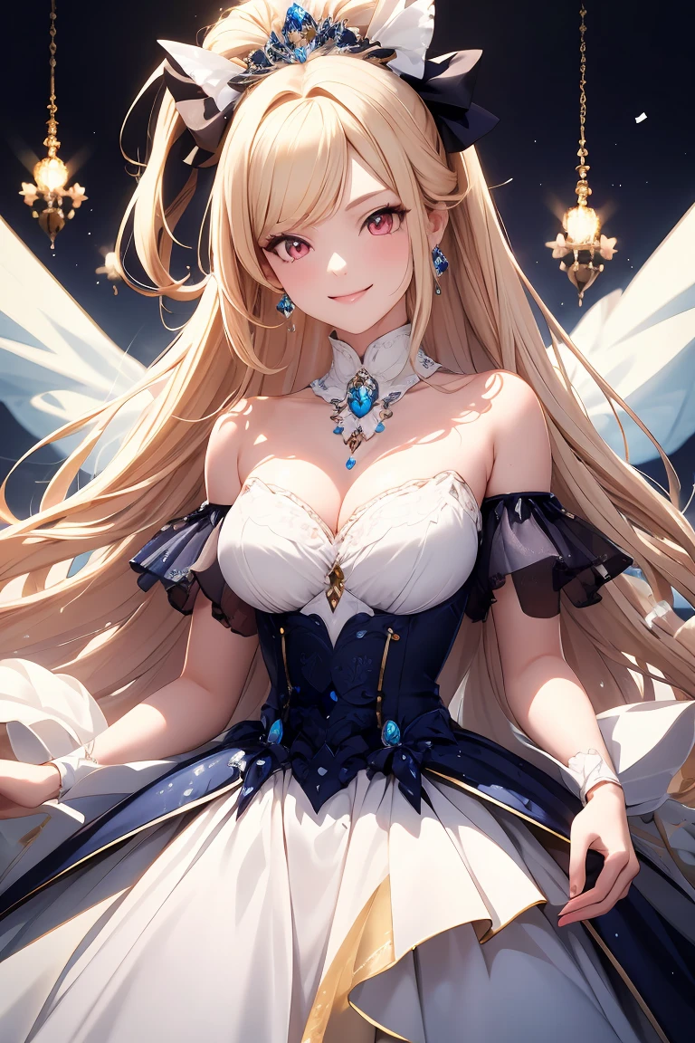 a beautiful 20 year old blonde woman with big messy hair in a blue dress, white stockings, black headband, cleavage, holding a glowing mushroom, fantasy art style, highest quality, masterpiece, 8k, 超A high resolution, beautiful face, 