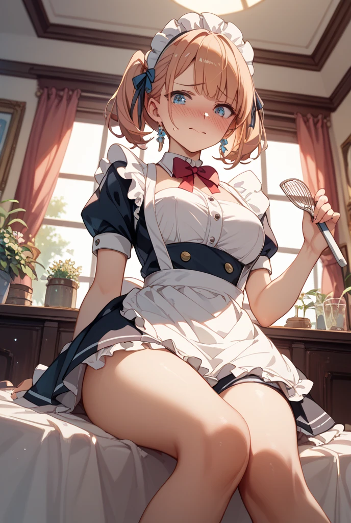 Tabletop, Highest quality, Air Live 4,  Thighs Thighs Thighs, 黒 Thighs Thighs Thighs, apron, Absolute territory、, maid, maidの頭飾り, Cleavage, Wrist cuff,one person&#39;s,,(Spanning the viewer:1.4),(Sweaty:1.4),(Dark basement:1.4),Hypno Lola,
(Torn clothes:1.1),Wicked Smile,