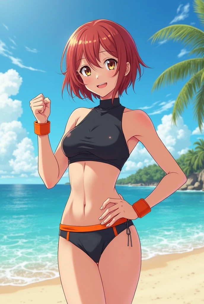 young girl, medium hair, red hair, brown eyes,strong abs, small breasts, short stature, (happy smile),(clenched teeth), sweating body, (blush), black red thread bikini with thread thong,(hands behind back),( standing),beach,suntan,wet body, pov from front, looking at viewer