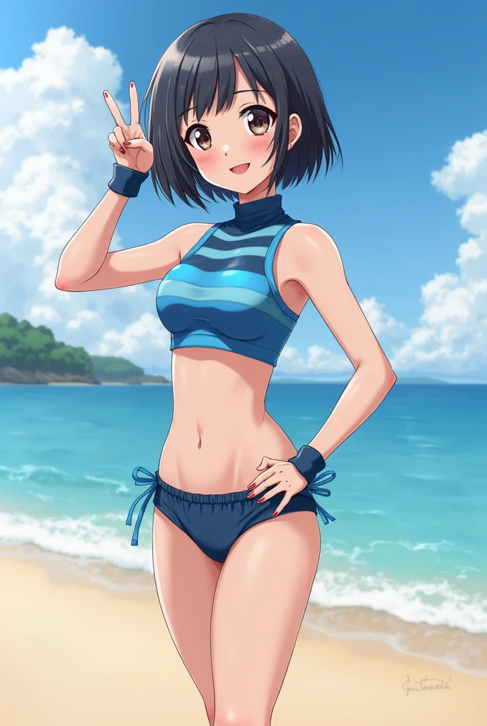 Kobayashi, blushing, frown, (Bust size very very small.)), (flat chest:1.2), Posing embarrassed, honda_swimsuit, kneeling position, Posing like a happy dog, hands positioned like a puppy