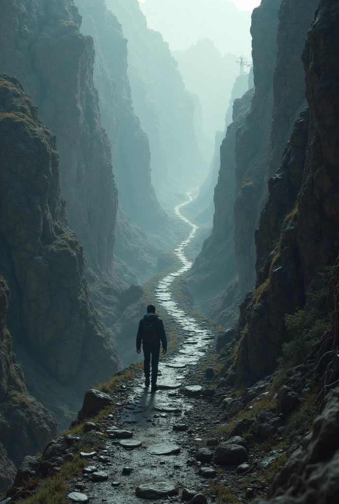 Man finds the right path among many obstacles and choices.