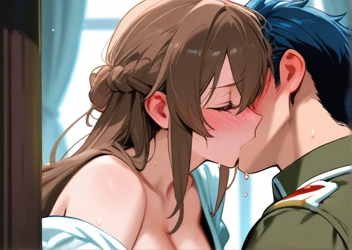 quality, masterpiece, highly detailed, 8k, tilly wimbledon, brown hair, blue eyes, blush, detailed face, detailed eyes, nude, nipples, bare naked, fully nude, naked, bare naked, small breast, 1girl, 1boy, prominent blush, closed eyes, hetero, indoors, tongue kiss, saliva trail, standing, soaking wet, steam, kiss, french kiss, tongue kiss