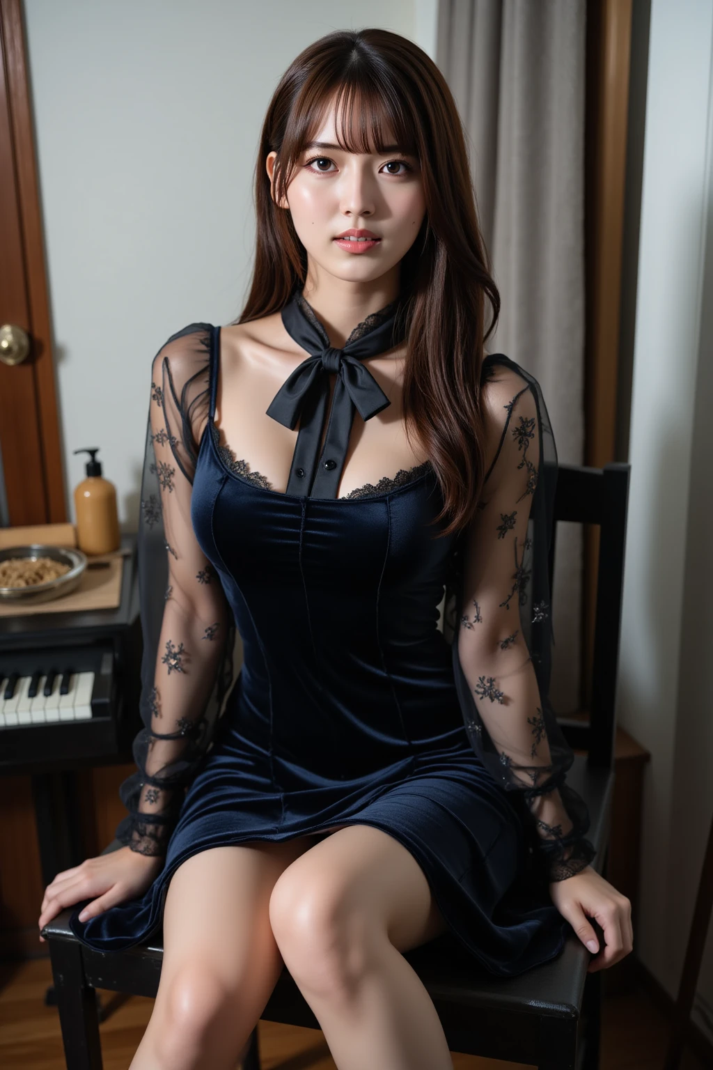 masterpiece, Highest quality, Realistic, Very detailed, Finer details, High resolution, 8k wallpaper, One beautiful woman, She was wearing a beautiful black and purple velvet tight bunny girl outfit..., Wearing a Garter Belt, In a great hotel bathroom, At night, Light brown messy hair, Perfect dynamic composition, Beautiful and beautiful eyes、Big earrings、Sit on a chair、((Spread your legs wide))、(((I can see your pants)))、