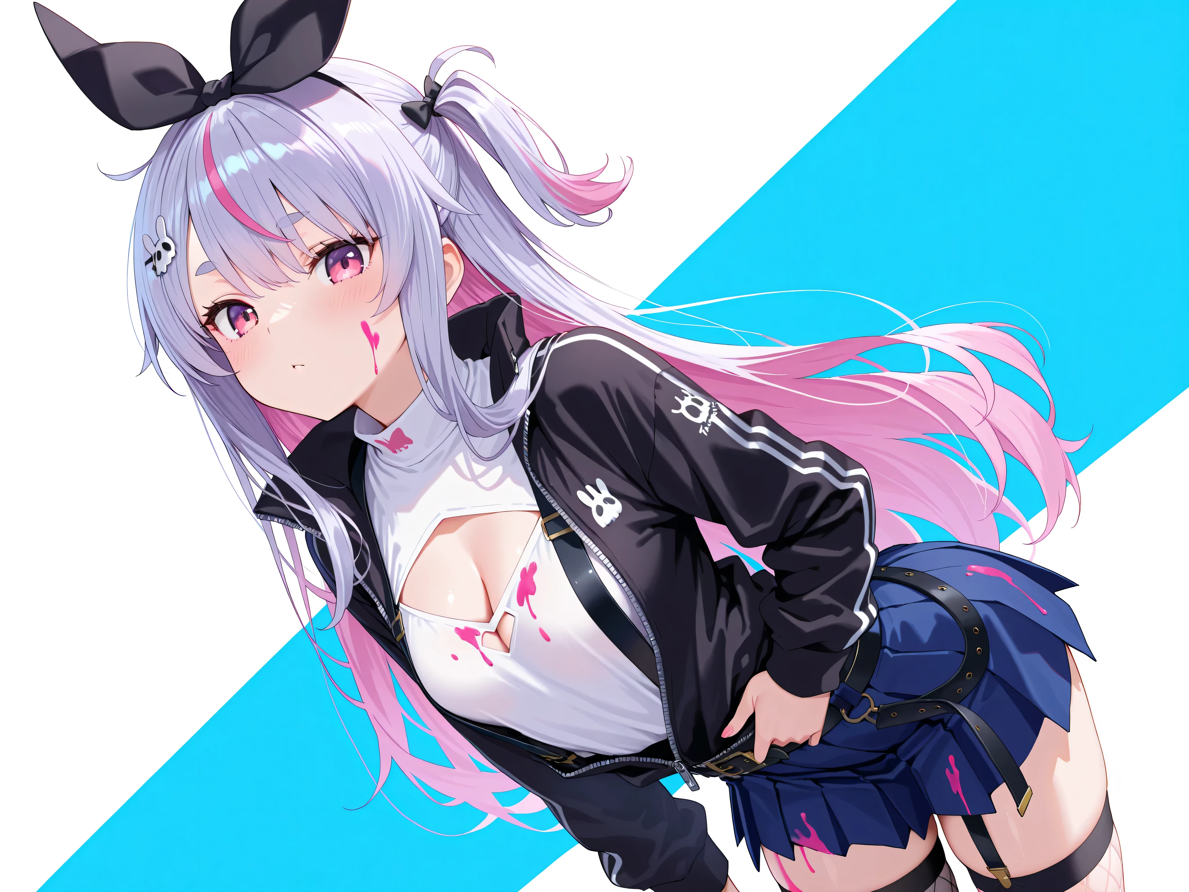 masterpiece,best quality, amazing quality, highres, absurdres, very aesthetic, high resolution, ultra detailed, perfect details,M1m1Def, pink eyes, grey hair, pink hair, multicolored hair, long hair, one side up, oversized hair bow, black bow, hair ornament, white shirt, high collar, cleavage cutout, paint on clothes, suspenders, black jacket, partially unzipped, black belt, blue skirt, asymmetrical legwear, black thighhigh, fishnet thighhigh
